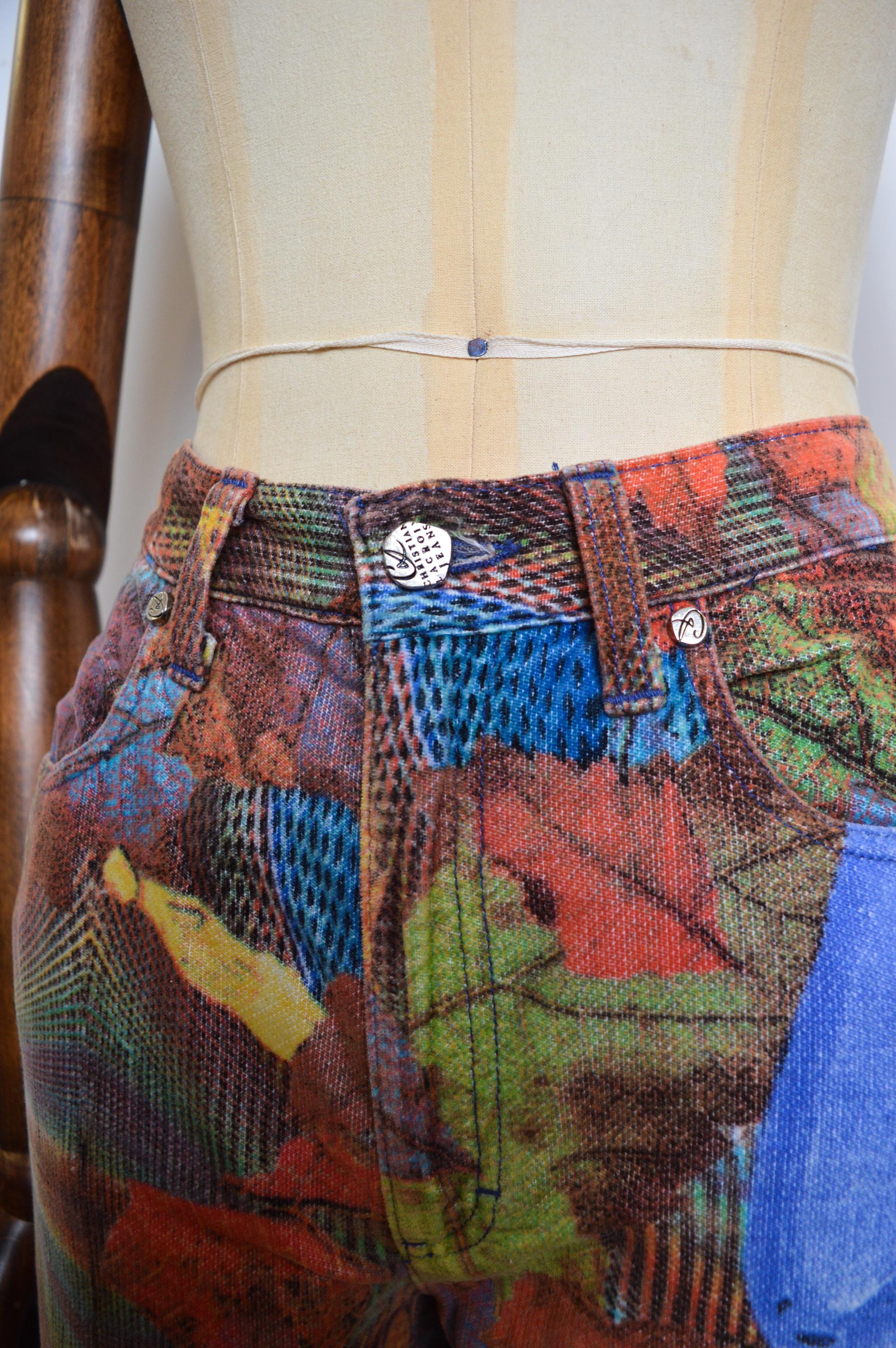 90er Jahre Vintage Christian Lacroix Jeanshose aus Samt mit hoher Taille und orangefarbenem Lederbe und Riemchenbesatz im Angebot 1