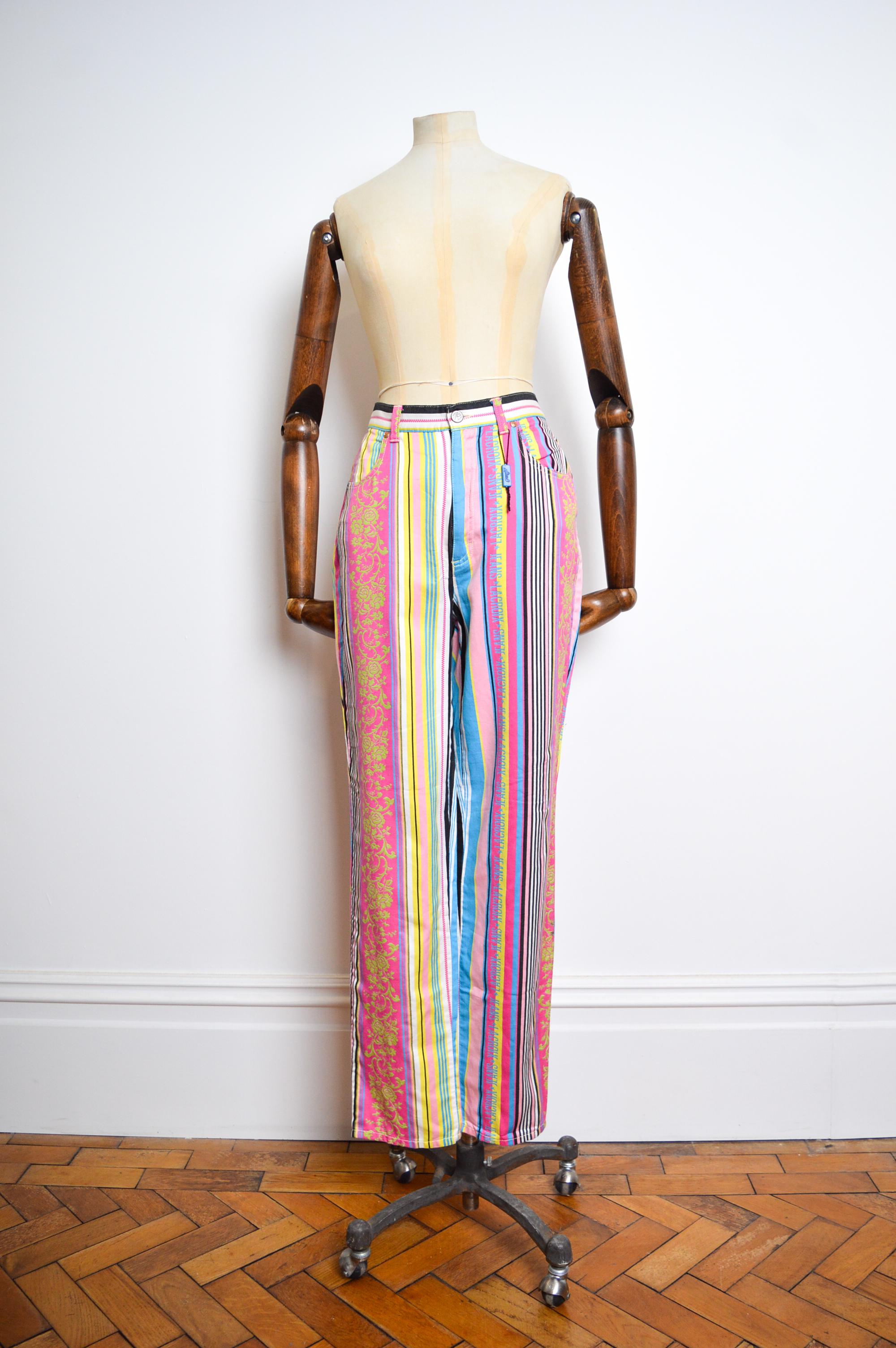 Beautiful Vintage, 1990's Colorful striped Jacquard pants by CHRISTIAN LACROIX.   

MADE IN ITALY.

Features ; 100% Cotton / Zip and Button closure / Classic 4 Pocket design / Copped Studs .  

Measurements are provided in Inches -  (High waisted