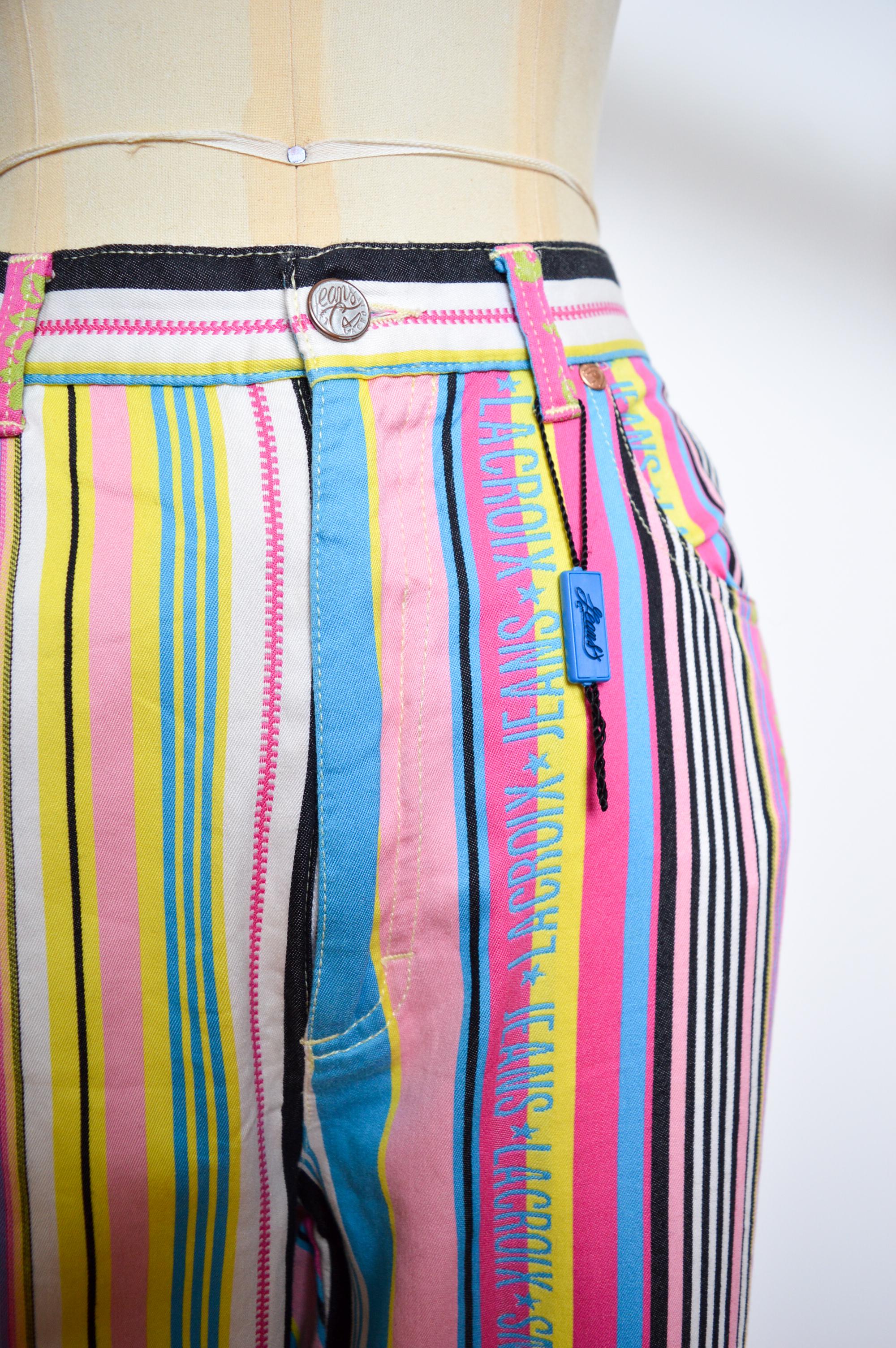 Women's 90s Vintage Christian Lacroix High Waisted Colorful Rainbow Jacquard Jeans Pants