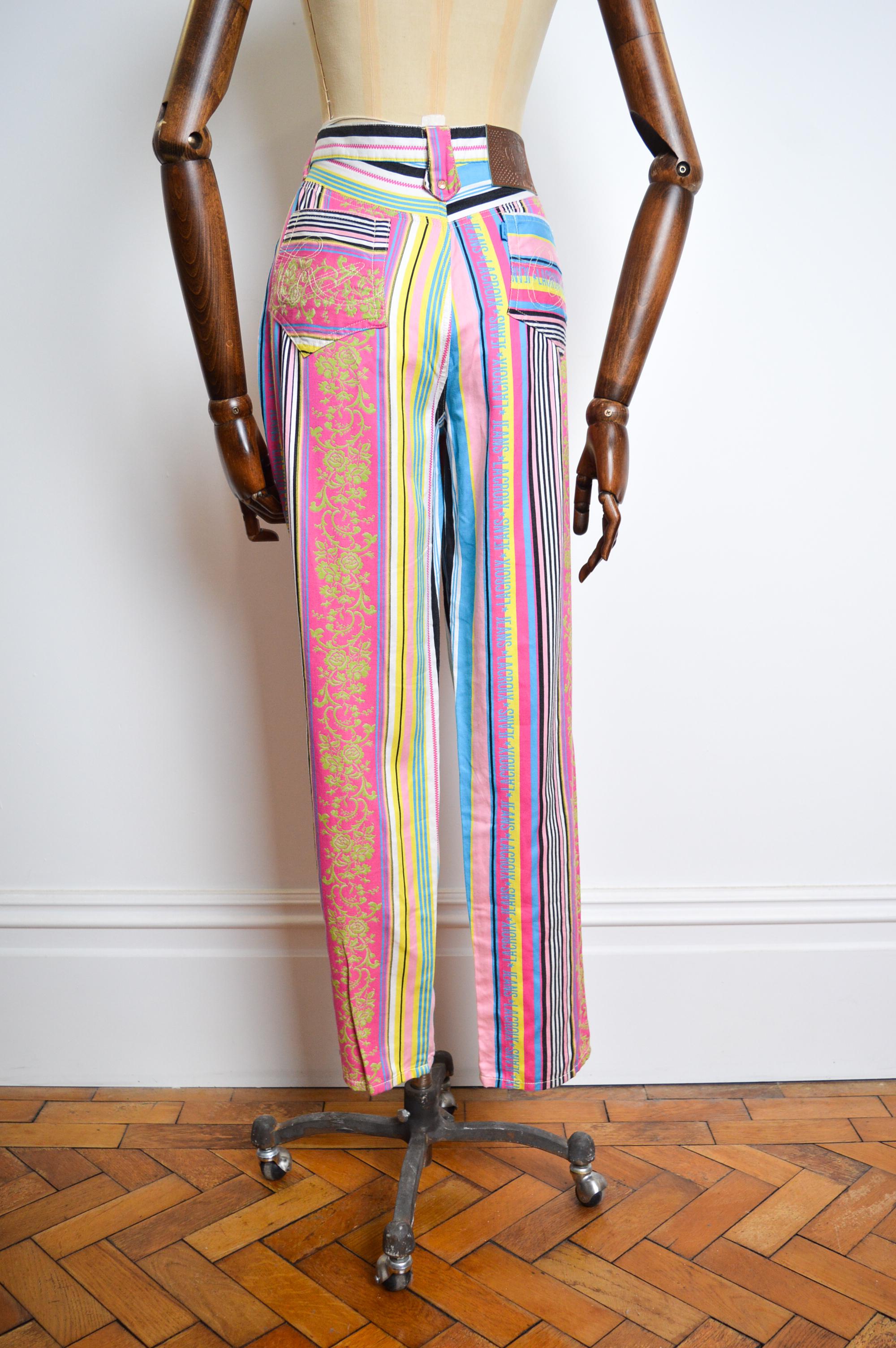 90s Vintage Christian Lacroix High Waisted Colorful Rainbow Jacquard Jeans Pants 3