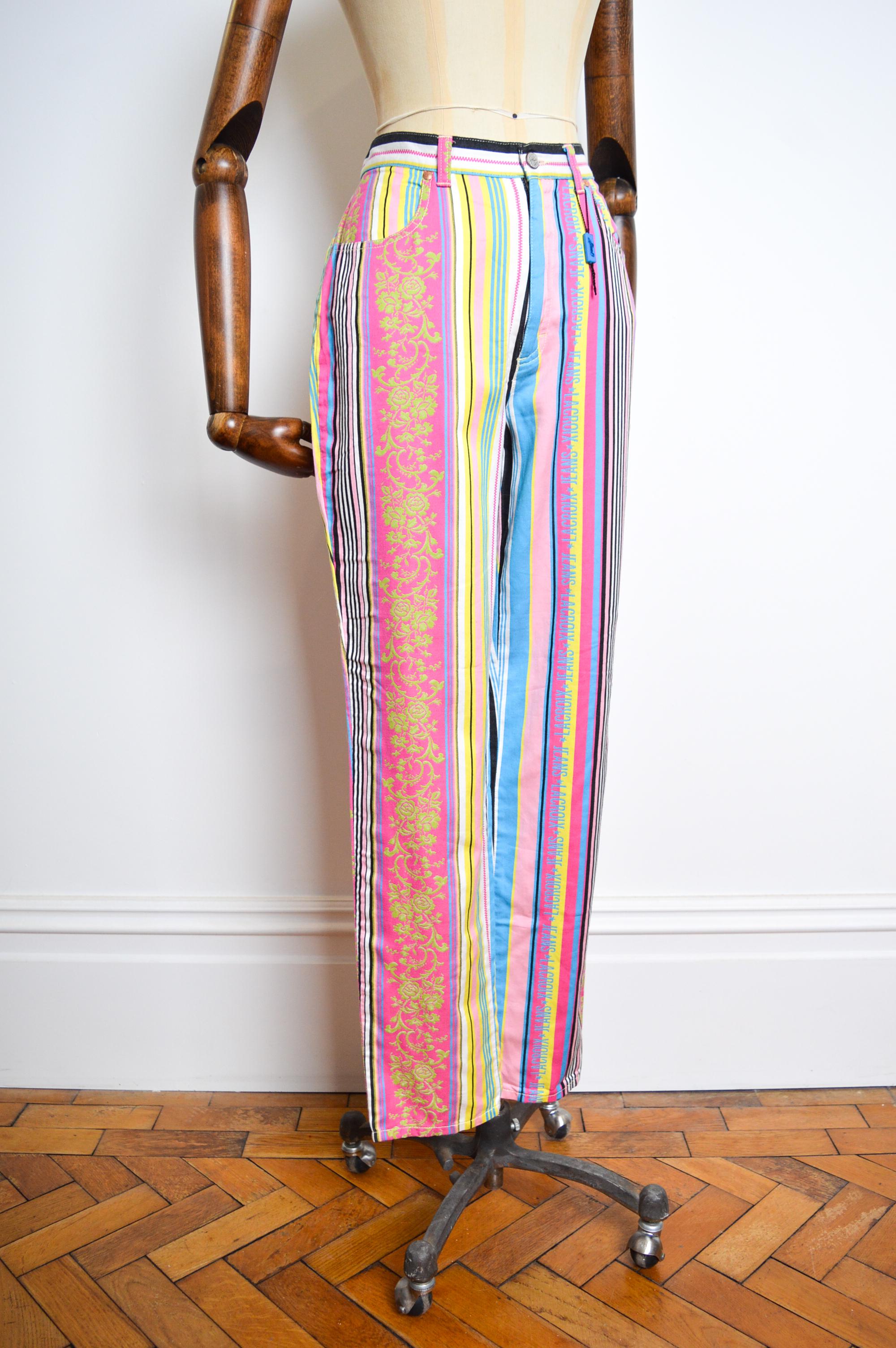 90s Vintage Christian Lacroix High Waisted Colorful Rainbow Jacquard Jeans Pants 5