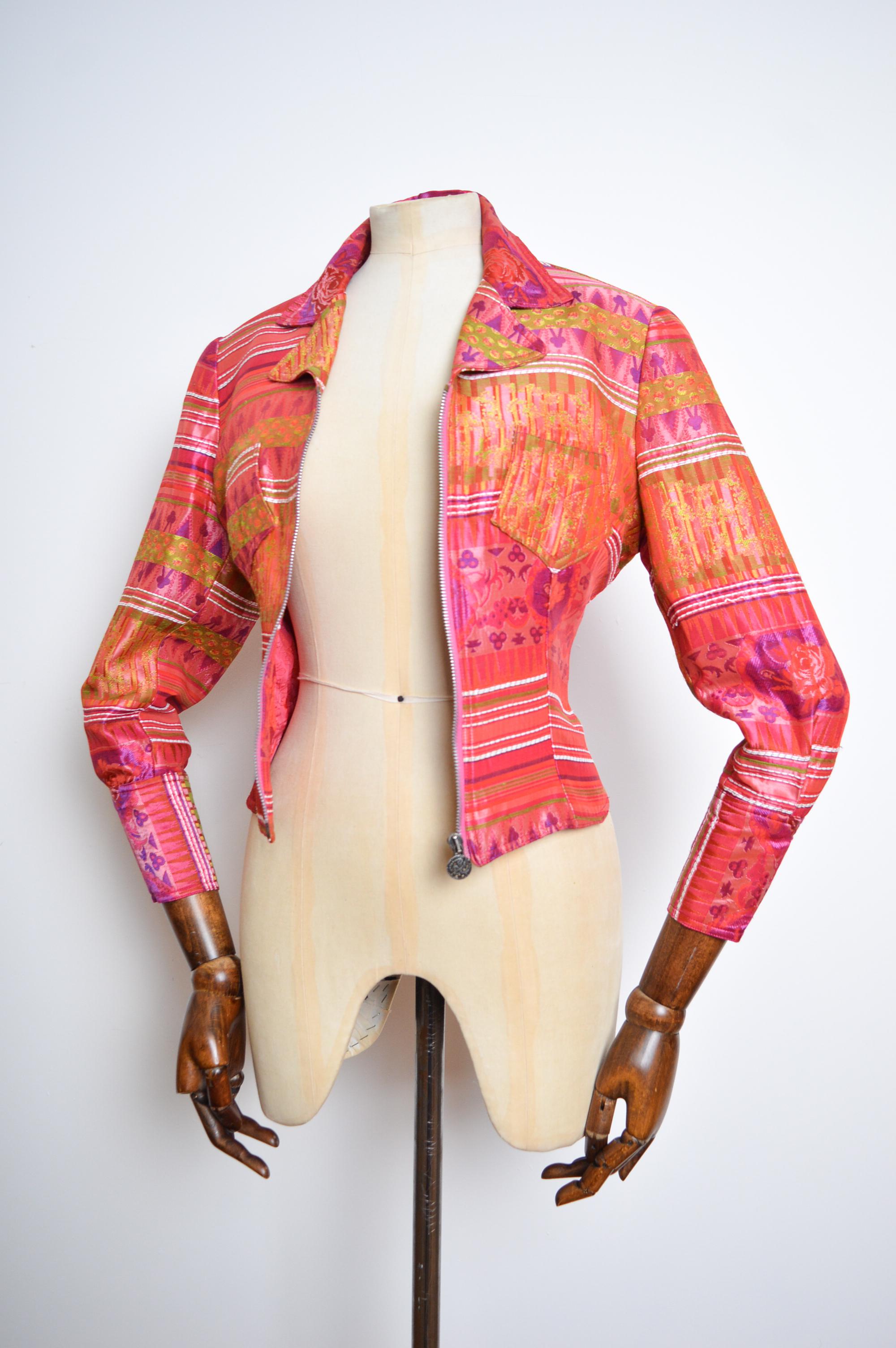 90's Vintage Christian Lacroix Hot Pink Jacquard Zip down Jacket For Sale 7