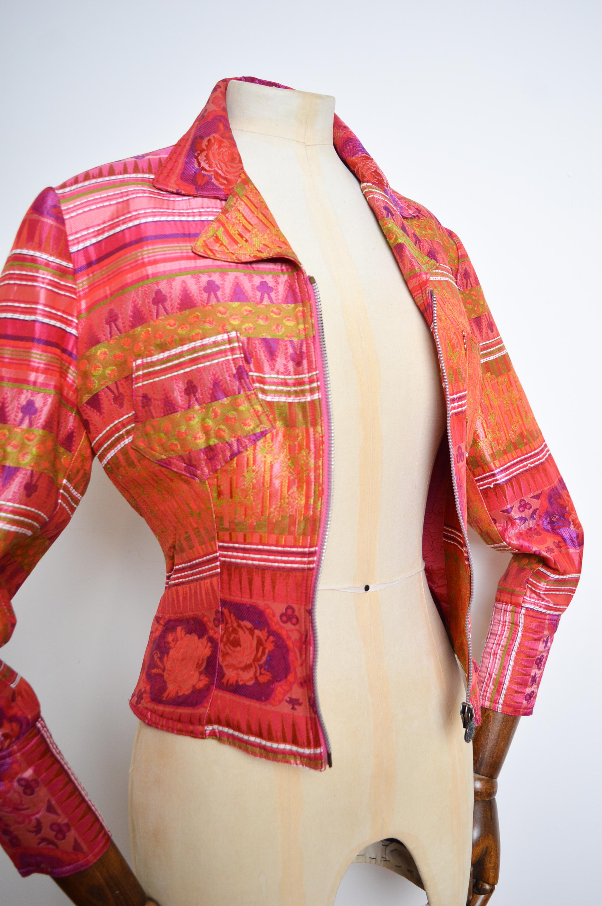90's Vintage Christian Lacroix Hot Pink Jacquard Zip down Jacket For Sale 1