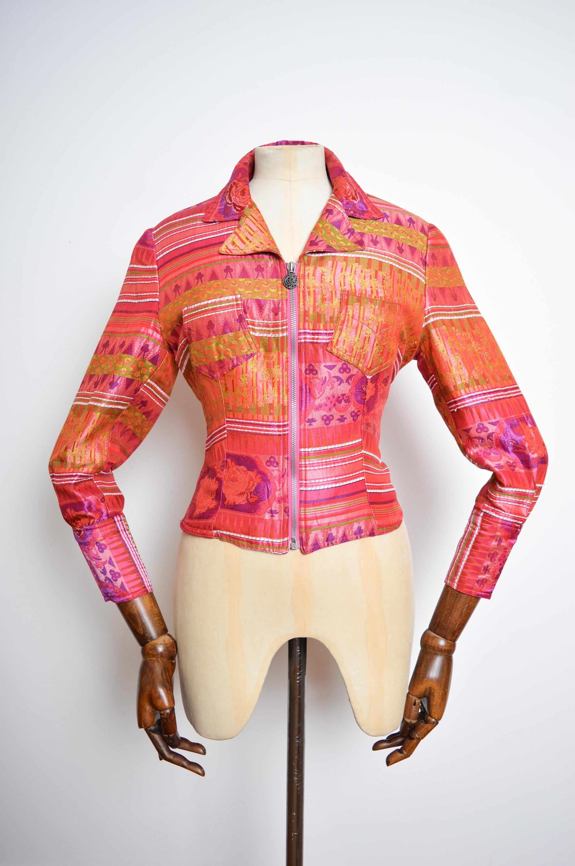 90's Vintage Christian Lacroix Hot Pink Jacquard Zip down Jacket For Sale 3
