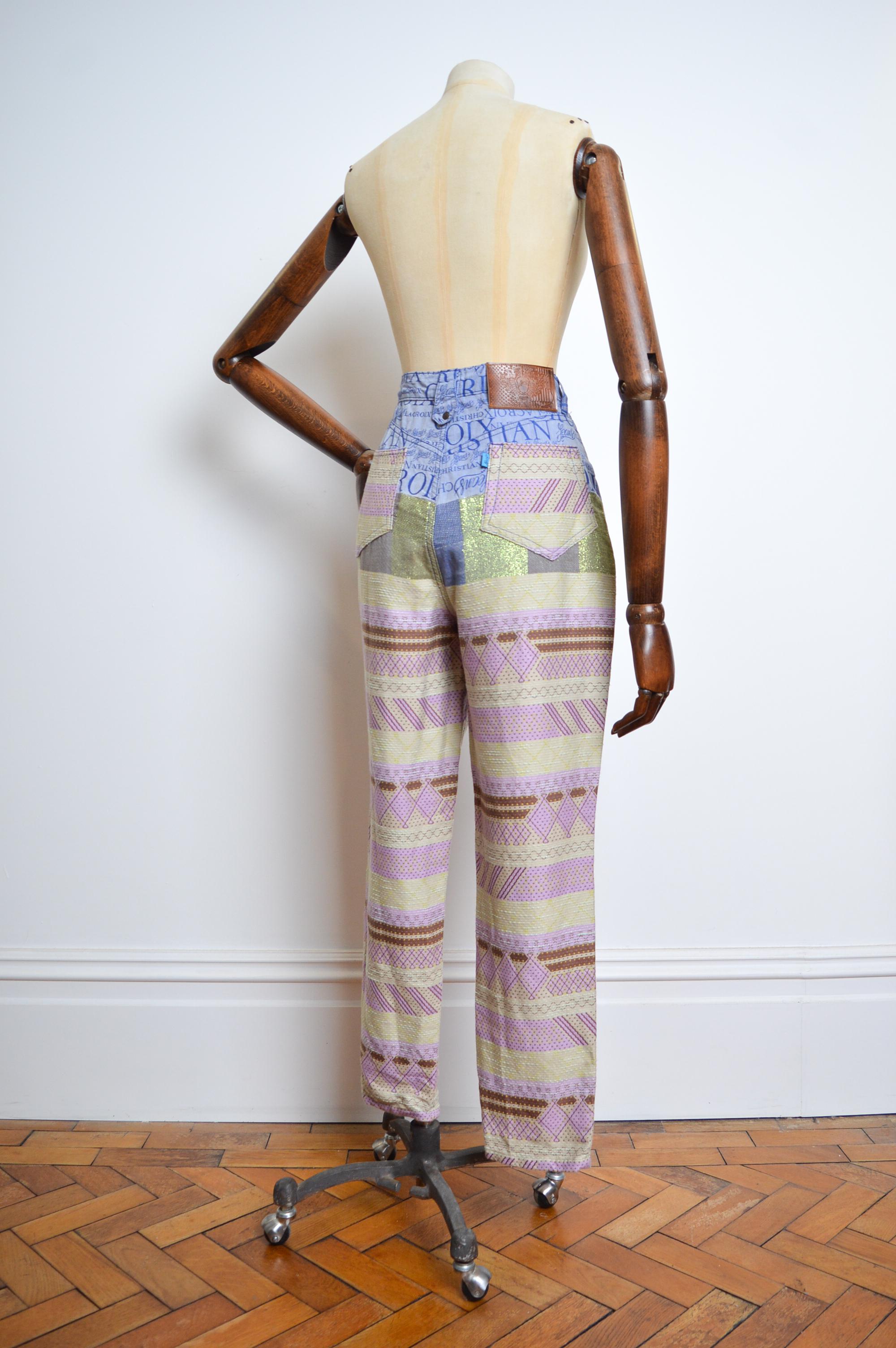 90's Vintage Christian Lacroix Jacquard Sparkly Lilac Green Monogram Jeans Pants For Sale 9