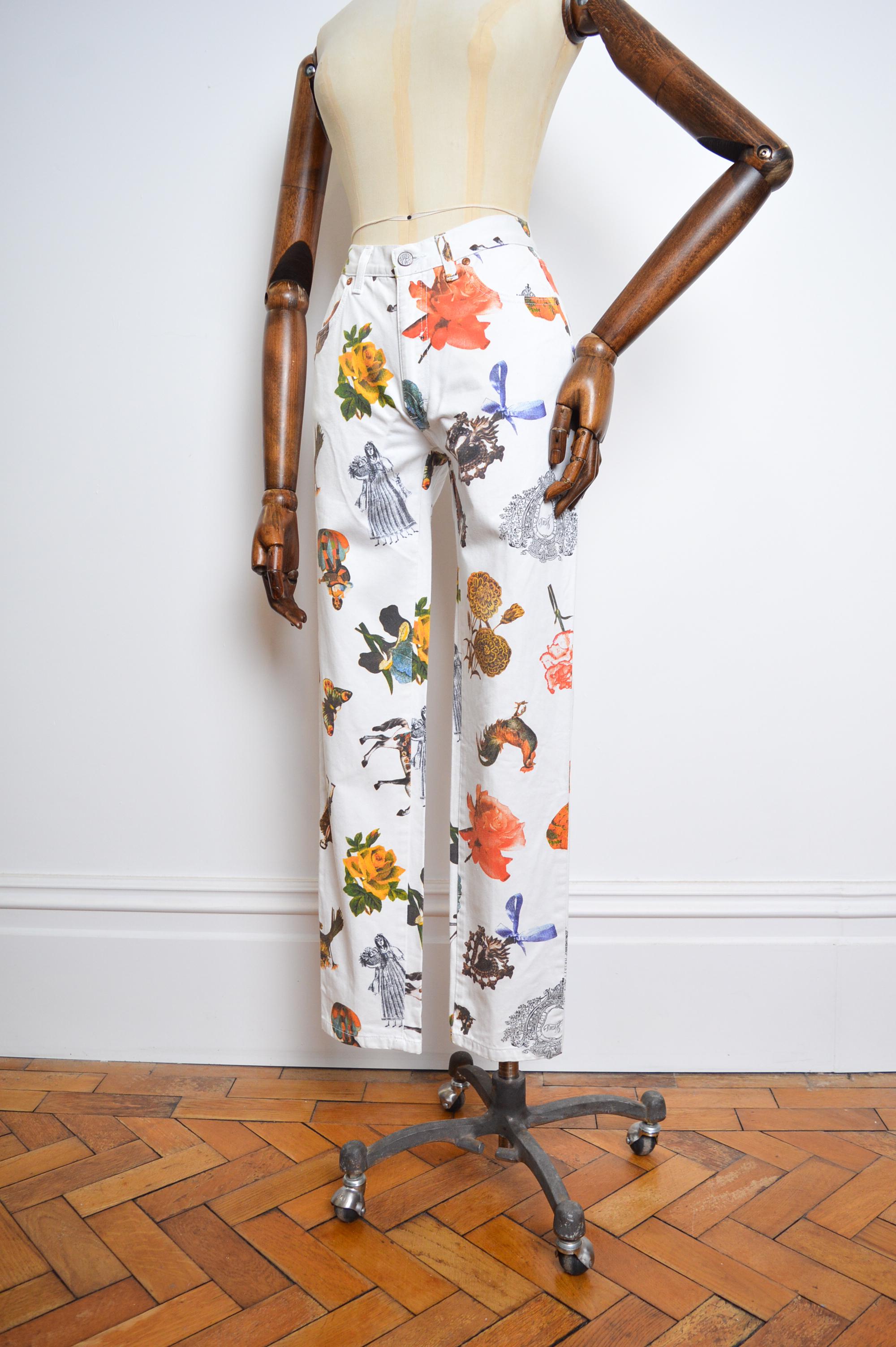 90s Vintage Christian Lacroix White High Waisted Photograph Print Jeans Pants For Sale 2