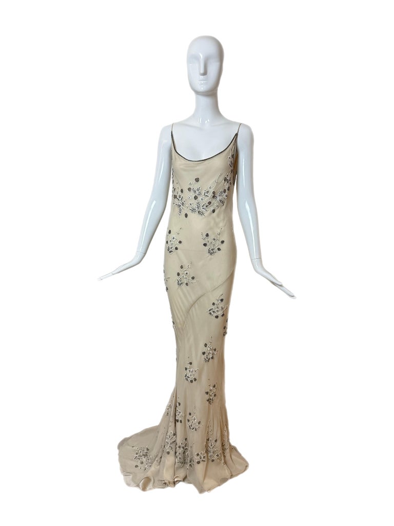 90's Vintage Couture Silk Hand Embroidered Beaded Cowl Back Evening Gown 90's Vintage Couture Silk Hand Embroidered Beaded Cowl Back Evening Gown