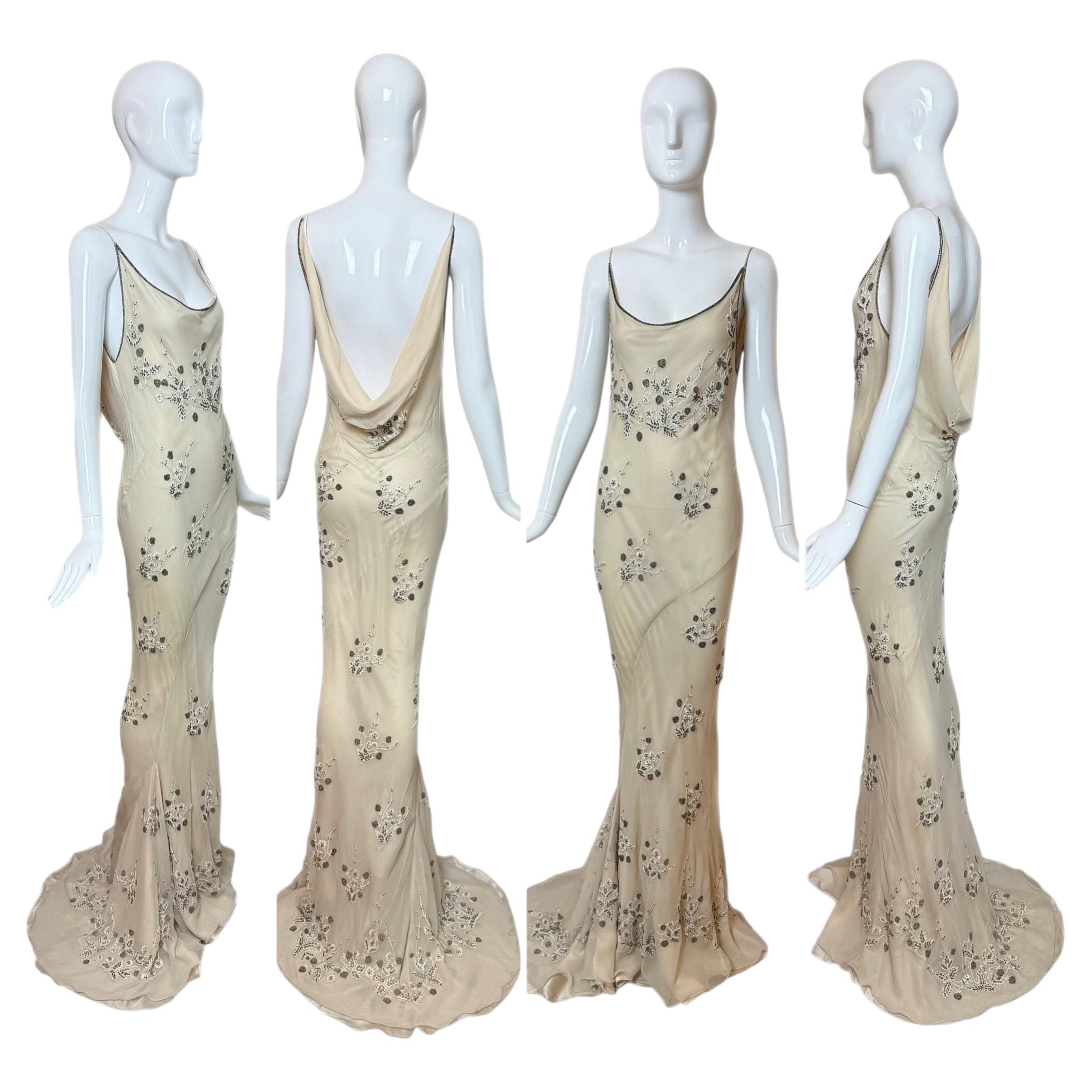 90's Vintage Couture Silk Hand Embroidered Beaded Cowl Back Evening Gown
