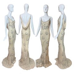 90's Vintage Couture Seide Hand bestickt Perlen Cowl zurück Abendkleid