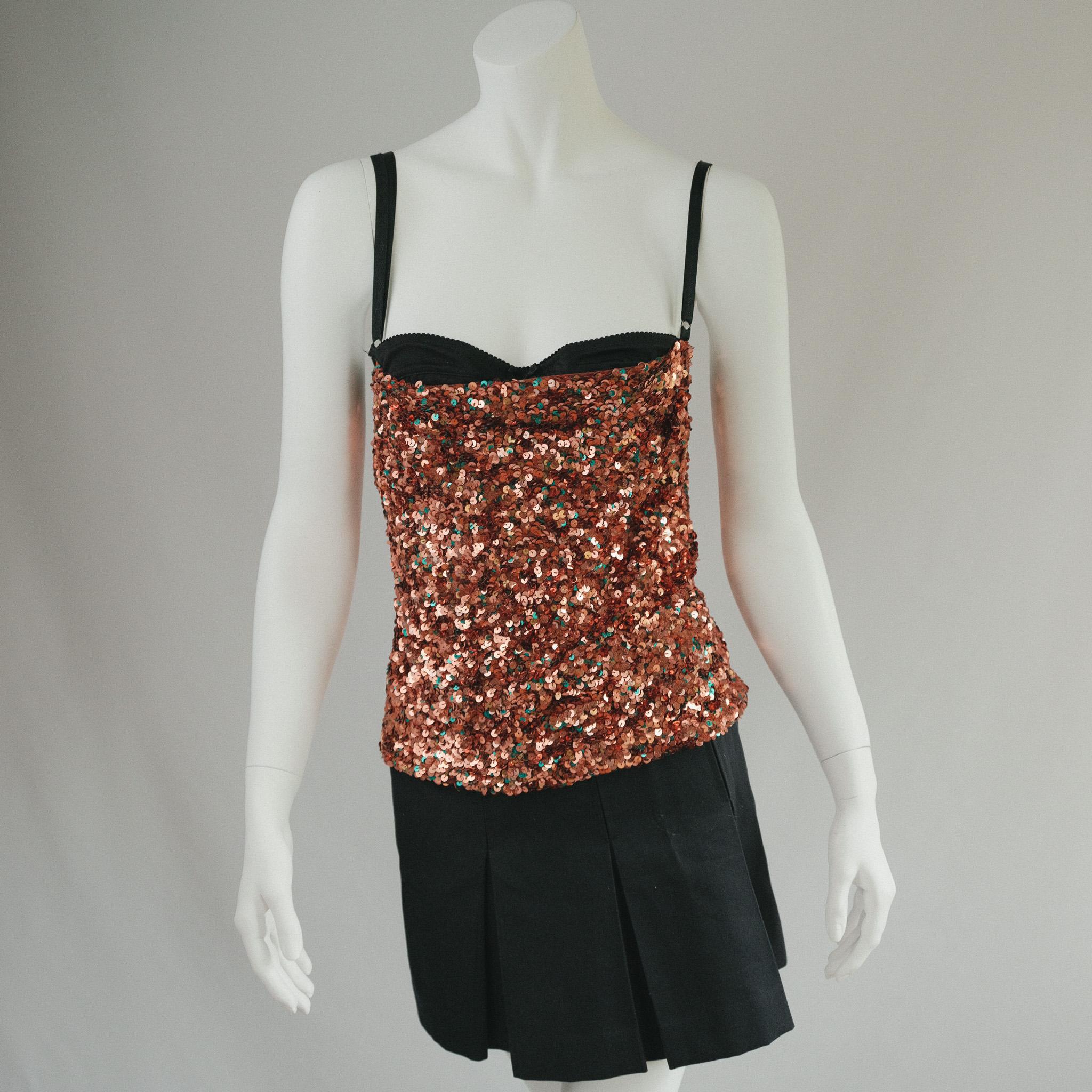 Beige 90s Vintage Dolce and Gabbana Bronze  sequin corset top featuring exposed bra 40 For Sale