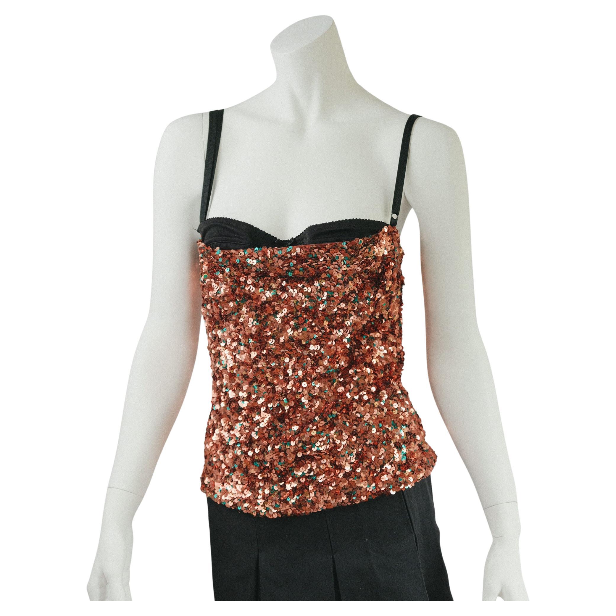 90s Vintage Dolce and Gabbana Bronze  sequin corset top featuring exposed bra 40 For Sale