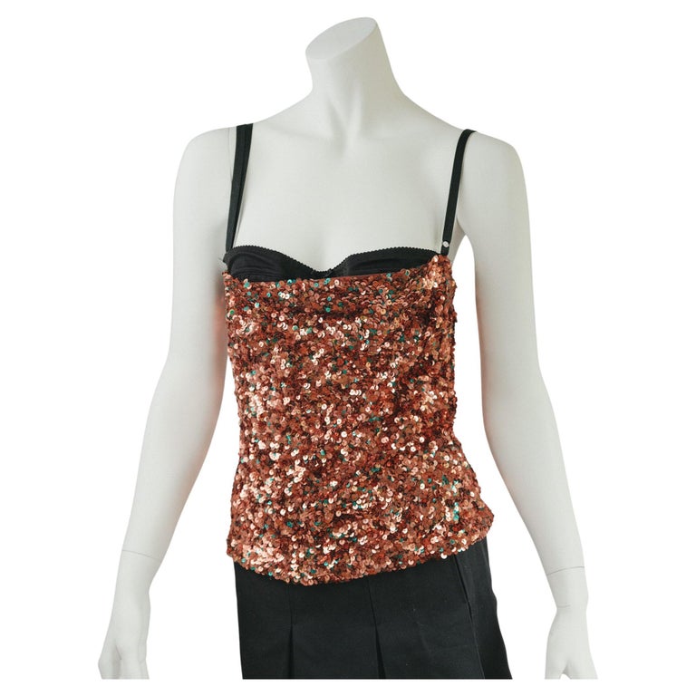 90s Vintage Dolce and Gabbana Bronze sequin corset top featuring exposed bra  40 For Sale at 1stDibs