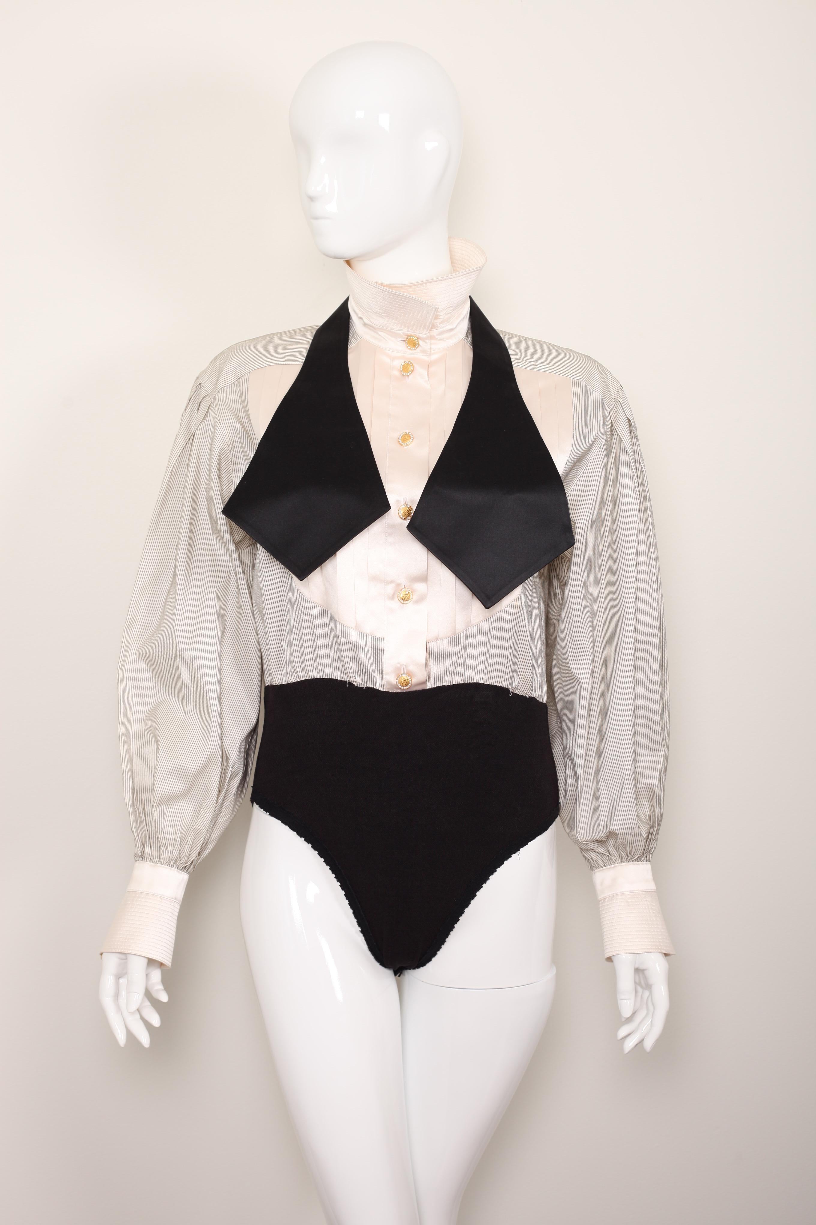 Women's or Men's 90s Vintage Escada Black and Cream Tuxedo Body Suit size Small 