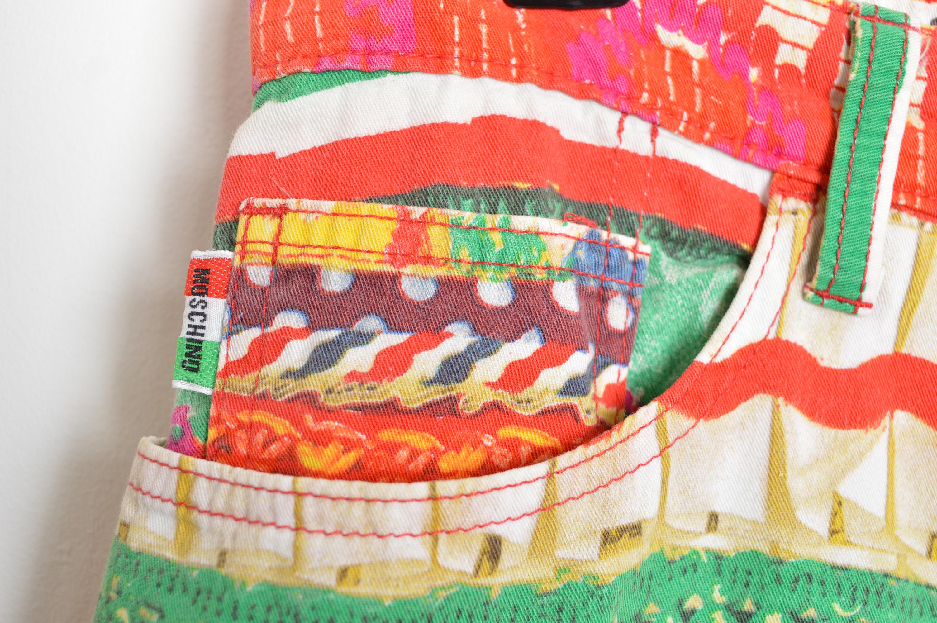 90s Vintage Franco Moschino Colourful abstract pattern High waisted Pants Jeans In Good Condition For Sale In Sheffield, GB