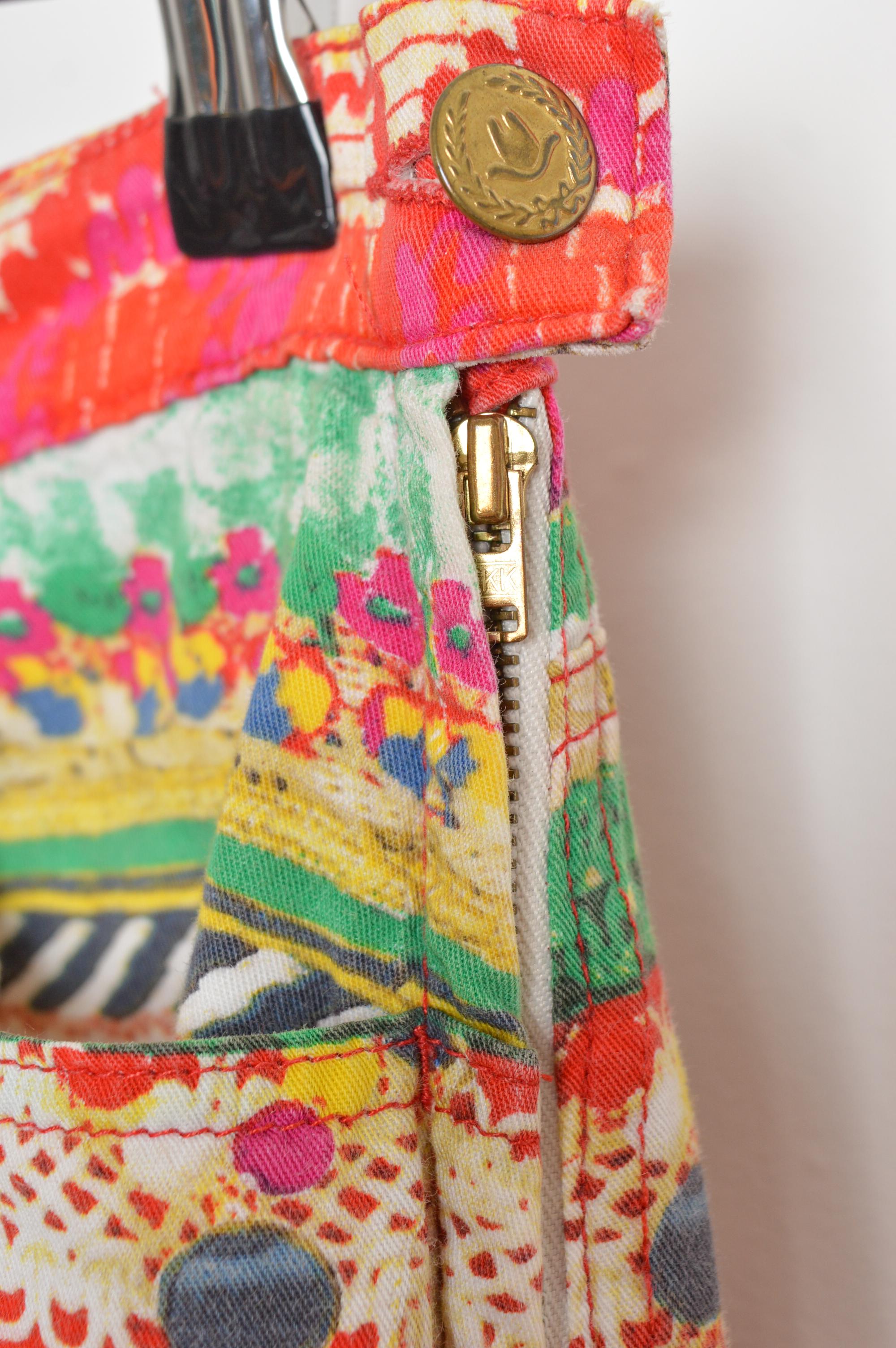 90s Vintage Franco Moschino Colourful abstract pattern High waisted Pants Jeans For Sale 2
