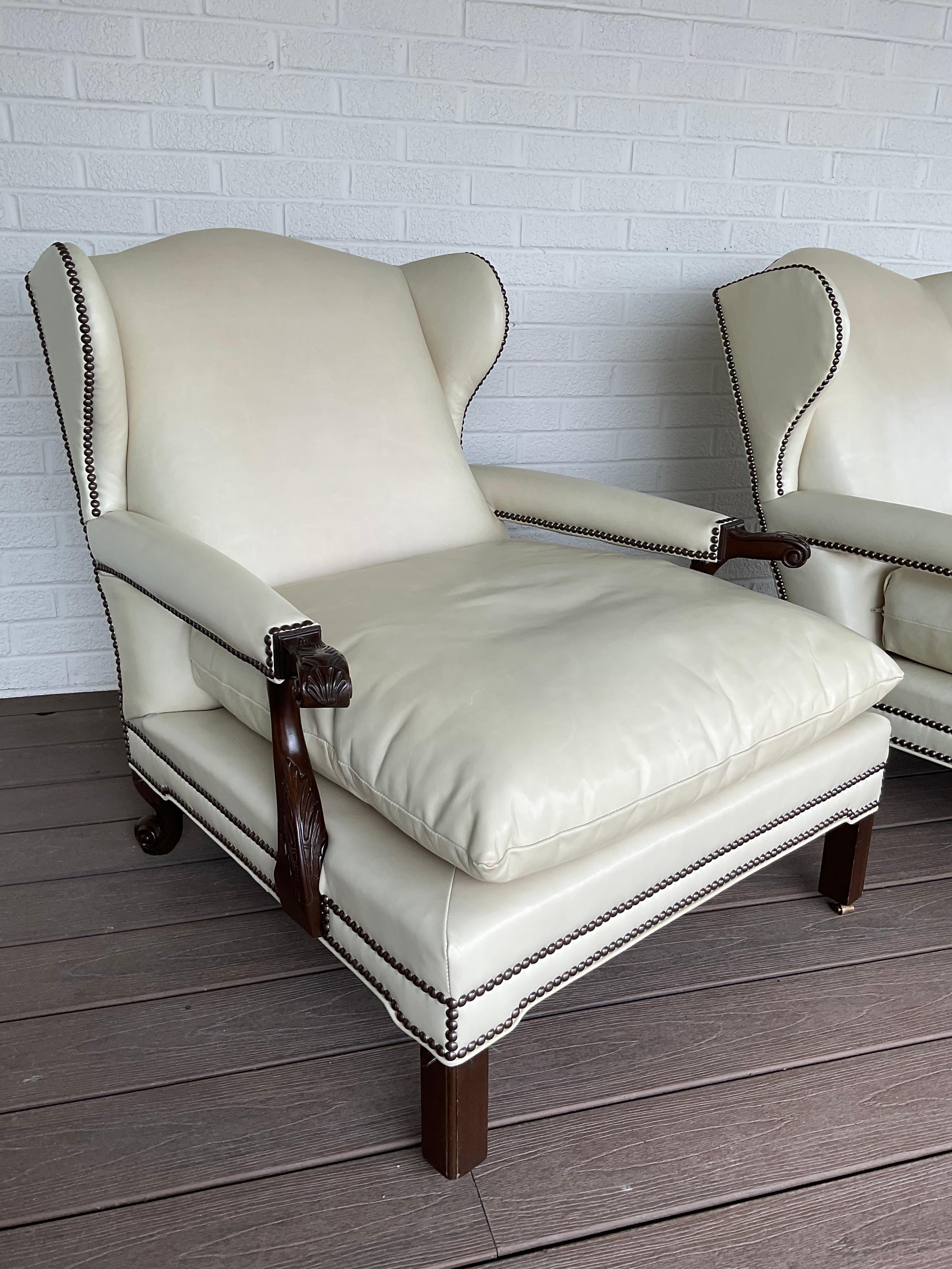 Uber Rare and oh so cool vintage leather clubs from Hickory Furniture. Buttery soft ivory leather has the perfect patina. Deep seat cushions offer extra comfort for the taller folks. These are very very cool. Beautiful one owner pieces. These