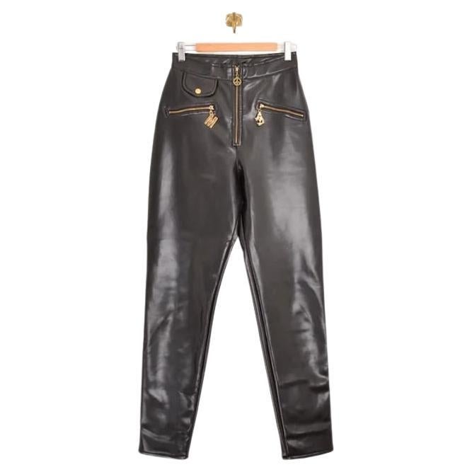 90's Vintage Moschino Faux Leather Shiny Black latex High Waisted Pants Trousers For Sale