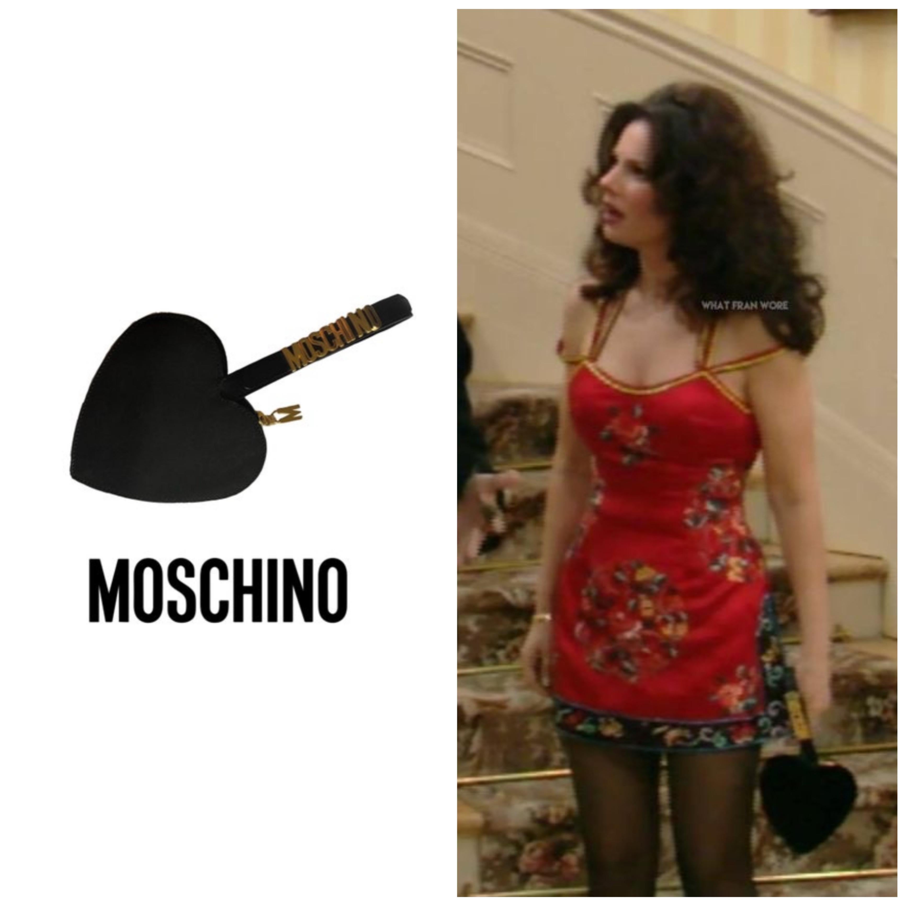 Vintage 90s Moschino leather heart shaped handbag with golden letters on handle. In immaculate condition. This timeless piece as been seen multiple times on the iconic Fran fine on the 90s hit sitcom the Nanny. 
Measurments in cm :
 heart shaped 13