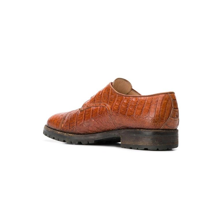 90s Walter Steiger Vintage orange-brown crocodile leather man lace-up shoes In Excellent Condition For Sale In Lugo (RA), IT