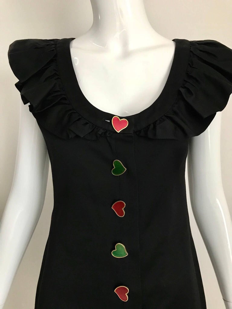 Women's Yves Saint Laurent Black Cotton Dress with Colorful Heart Buttons, 1980s For Sale