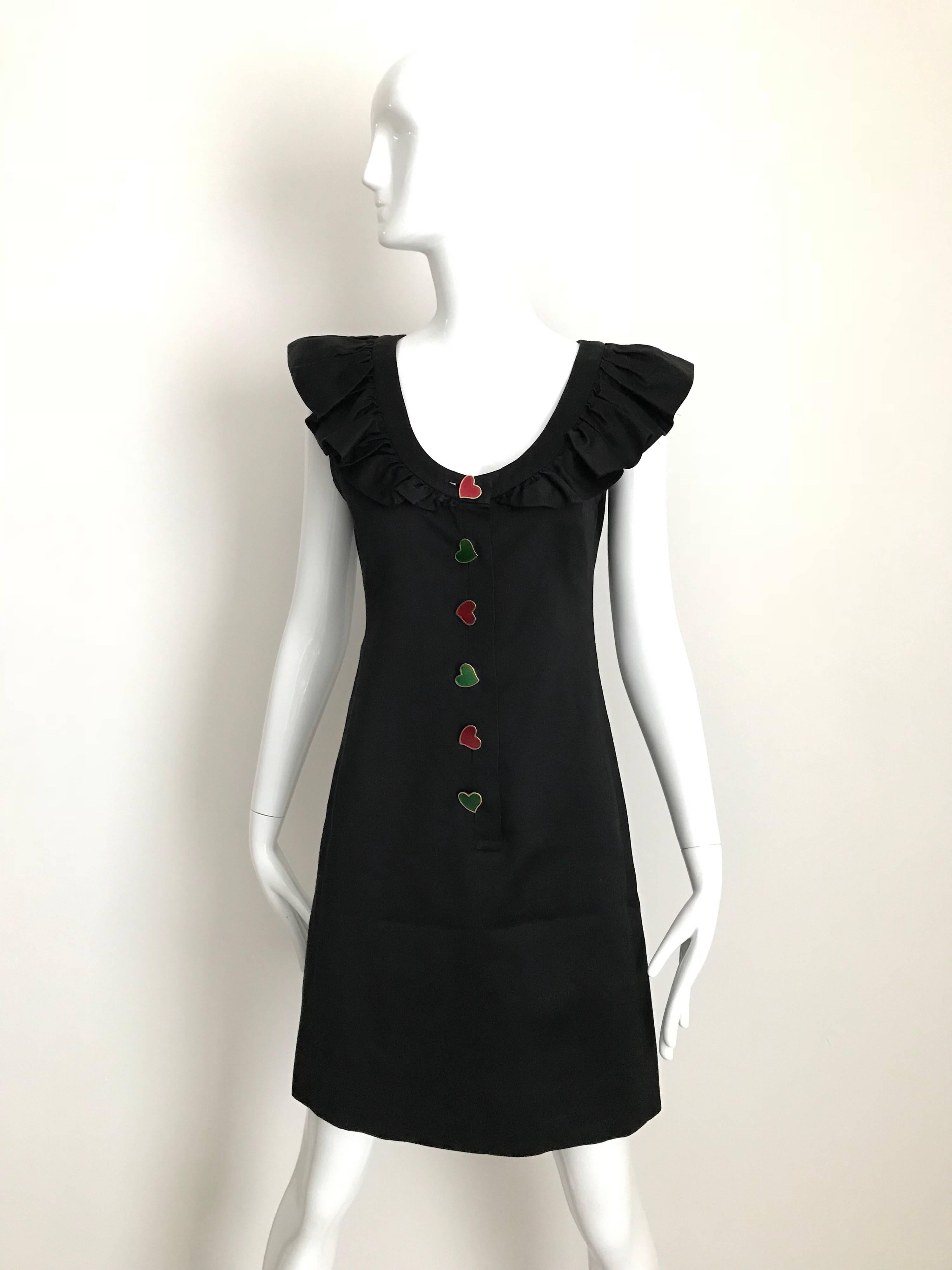 Yves Saint Laurent Black Cotton Dress with Colorful Heart Buttons, 1980s For Sale 1