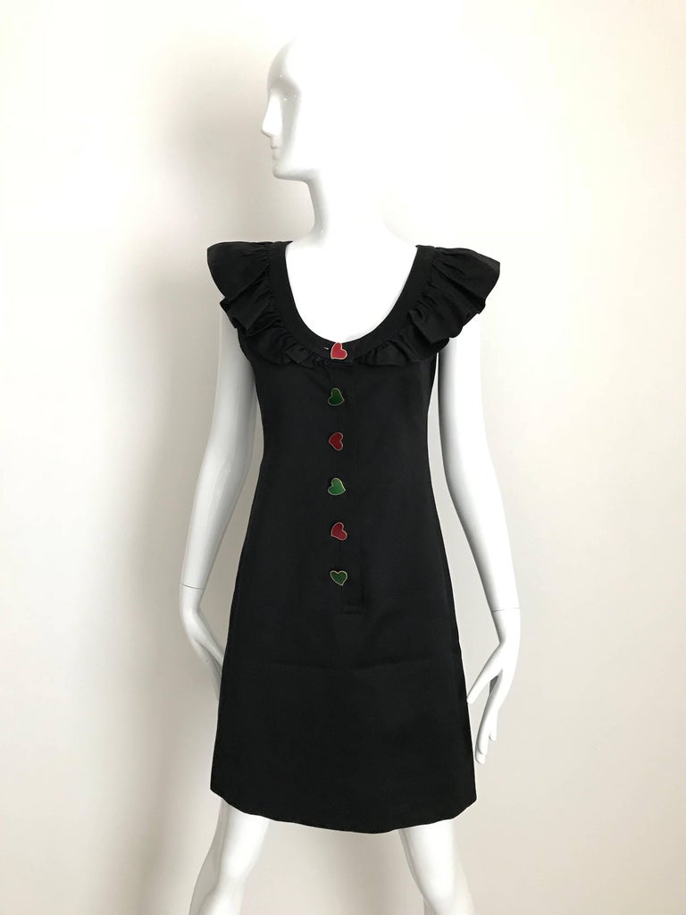 Yves Saint Laurent Black Cotton Dress with Colorful Heart Buttons, 1980s For Sale 4