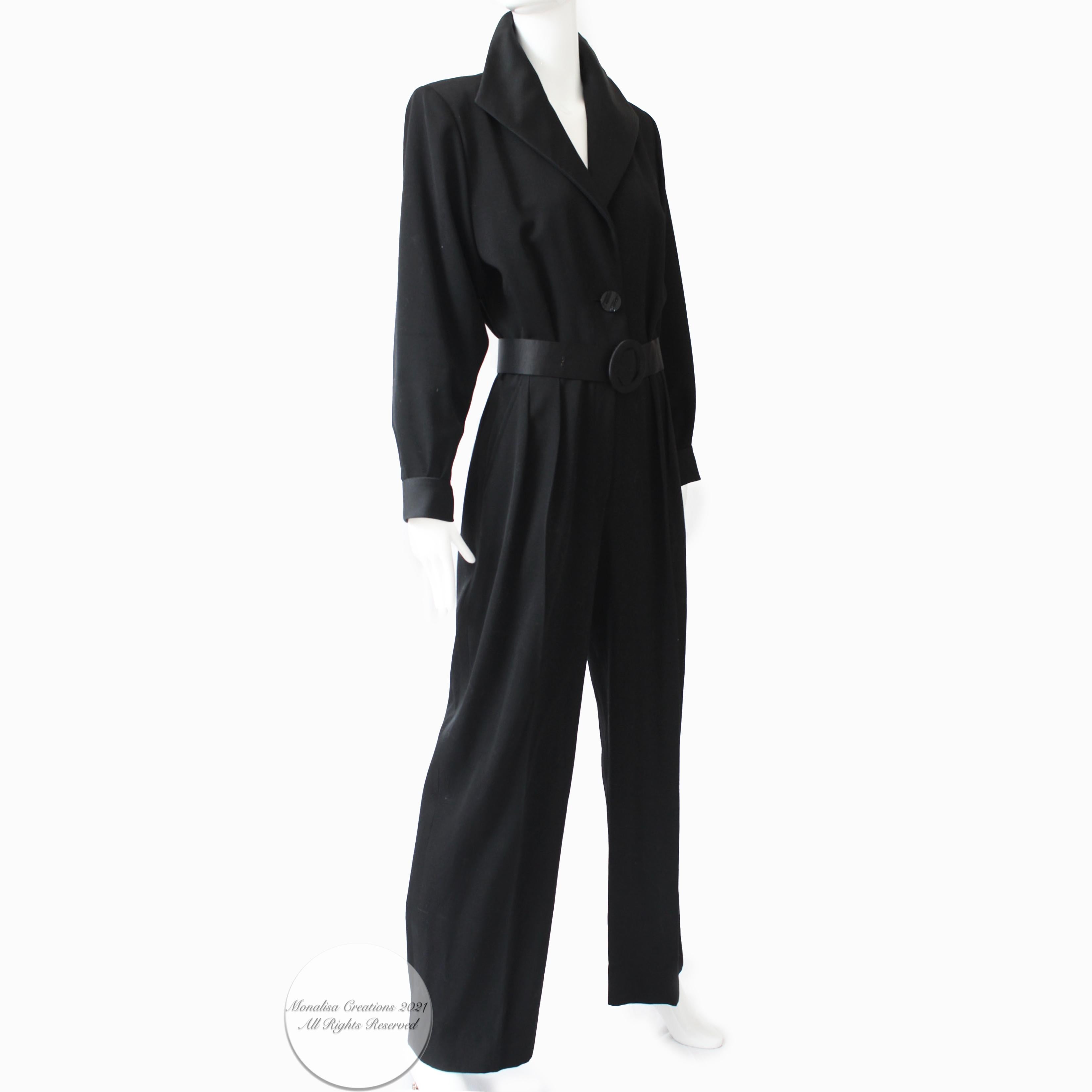 90s Yves Saint Laurent Jumpsuit Rive Gauche Black Wool Tuxedo Le Smoking Sz 40 In New Condition In Port Saint Lucie, FL