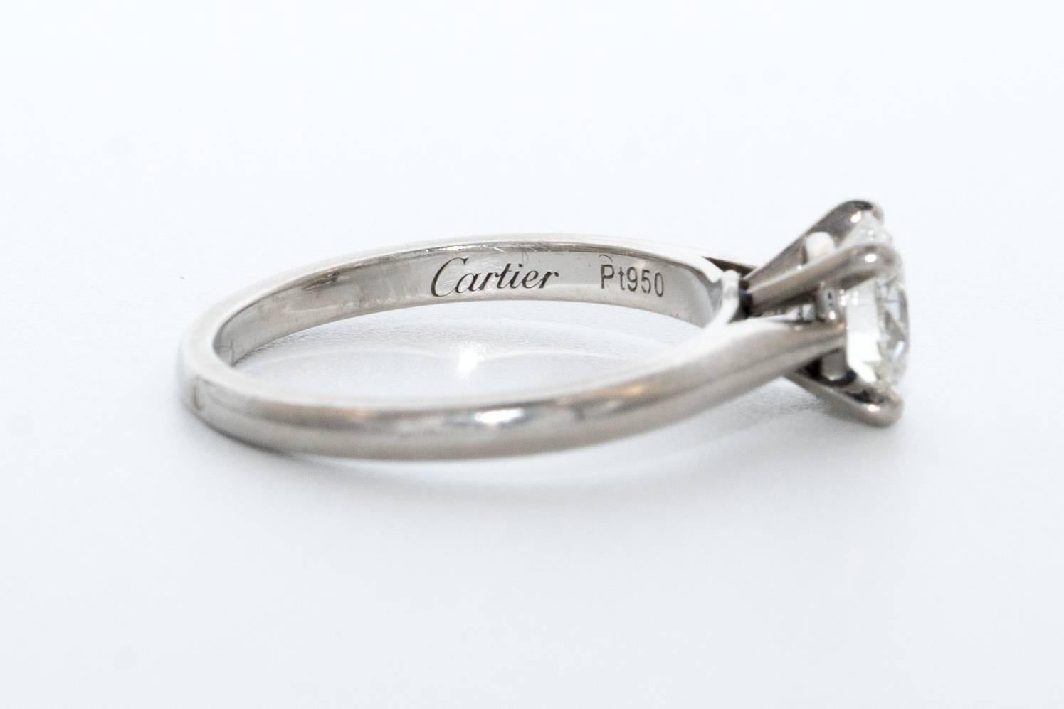 .91 Ct Cartier Engagement Ring , with Original papers and Box
H Color and VVS2 with GIA Certificate # 1142467339
Set in Platinum 
Retail price Euro 11,400, or Approximately USD $13,000 
Size 5.25 , Ring is Re-sizable
