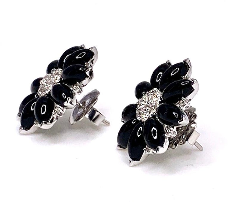 Artisan .91 ct. t.w. Diamond and Onyx 18k White Gold Flower Earrings  For Sale