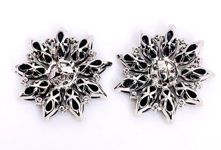 .91 ct. t.w. Diamond and Onyx 18k White Gold Flower Earrings  In New Condition For Sale In Los Angeles, CA