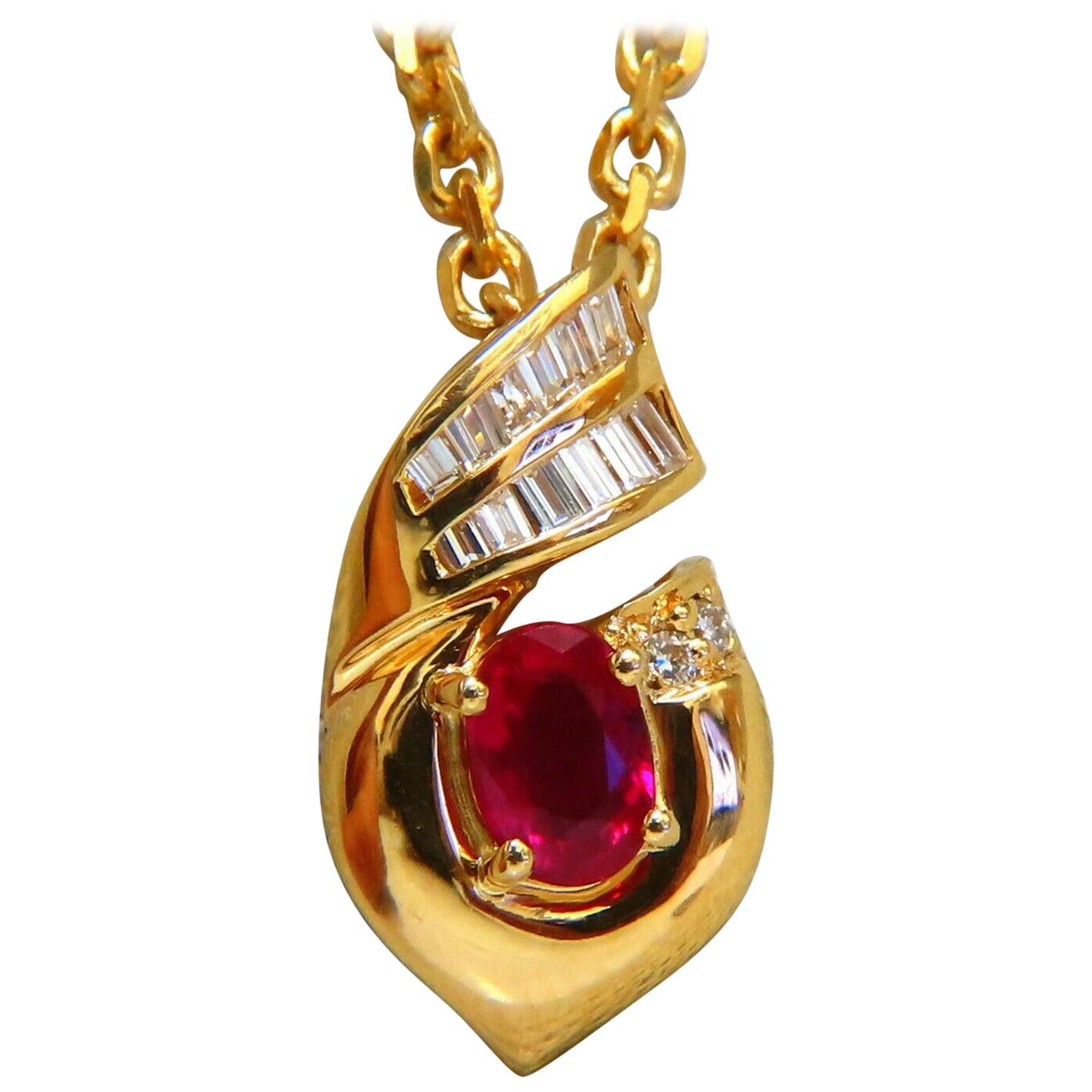 .91 Carat Natural Oval Ruby and Diamonds Necklace 14 Karat