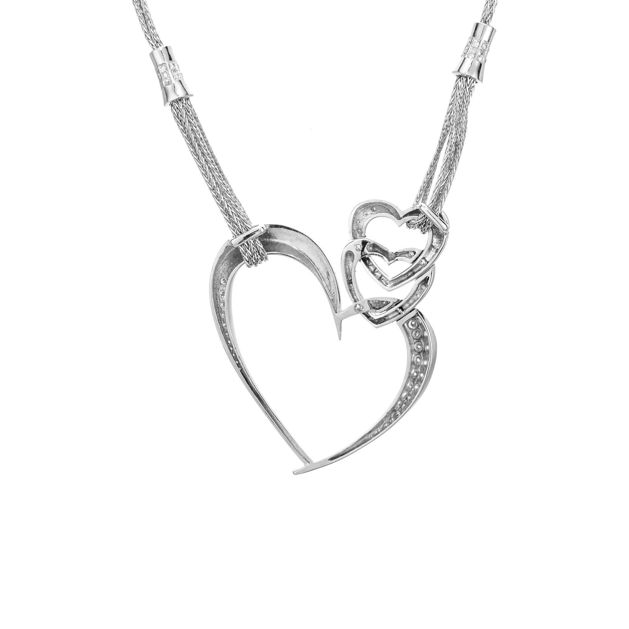 Taglio rotondo .91 Carat Round Diamond Gold Triple Heart Multi Chain Necklace (Collana con ciondolo a catena) in vendita