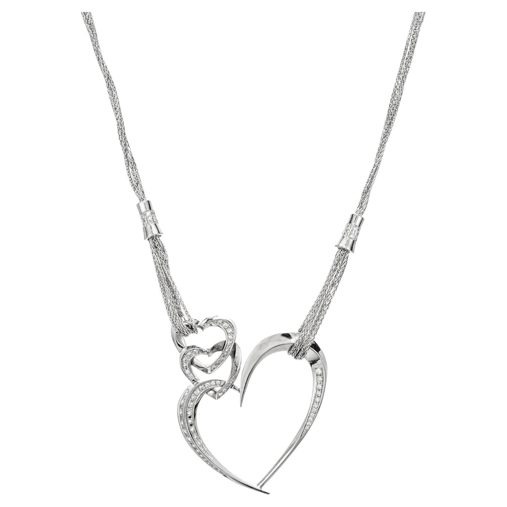 .91 Carat Round Diamond Gold Triple Heart Multi Chain Pendant Necklace For Sale