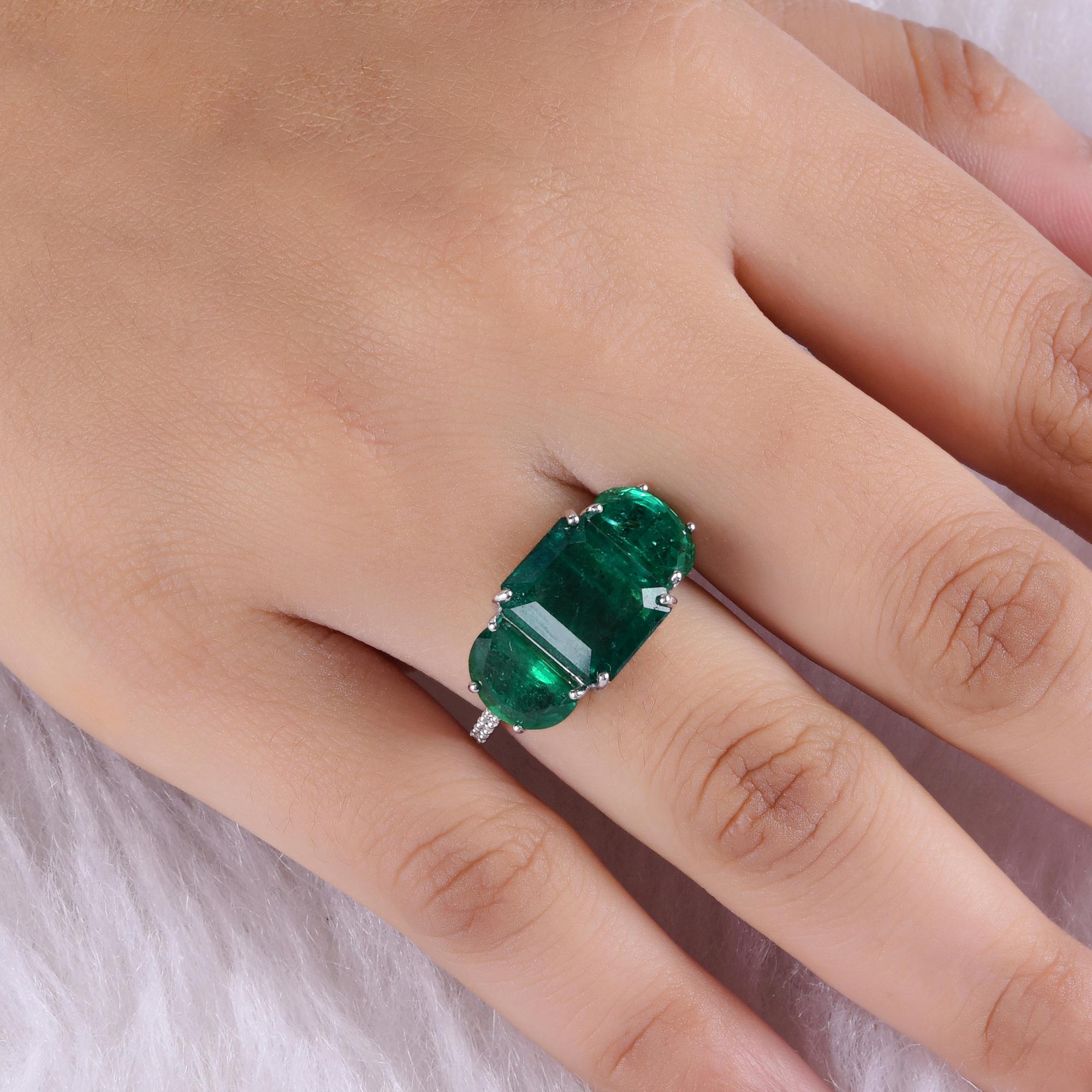 Emerald Cut 9.1 Carat Zambian Emerald Cocktail Ring 0.11 Carat SI/H Diamond 18k White Gold For Sale