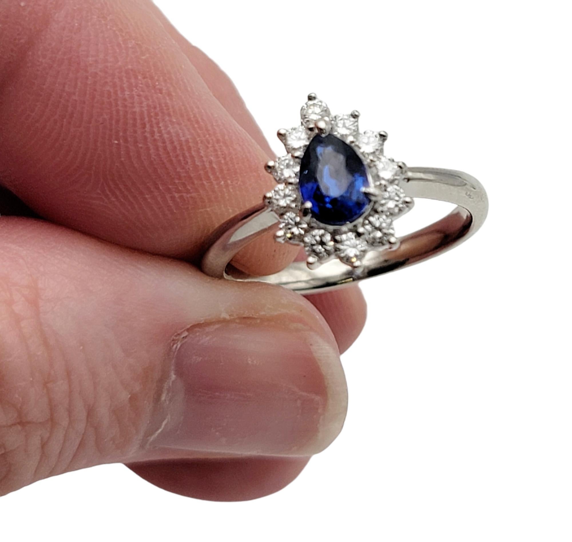 .91 Carats Total Natural Pear Cut Sapphire and Diamond Halo Platinum Ring For Sale 3