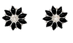 Diamond and Onyx Flower Earrings in 18K White Gold, .91 Carat Total