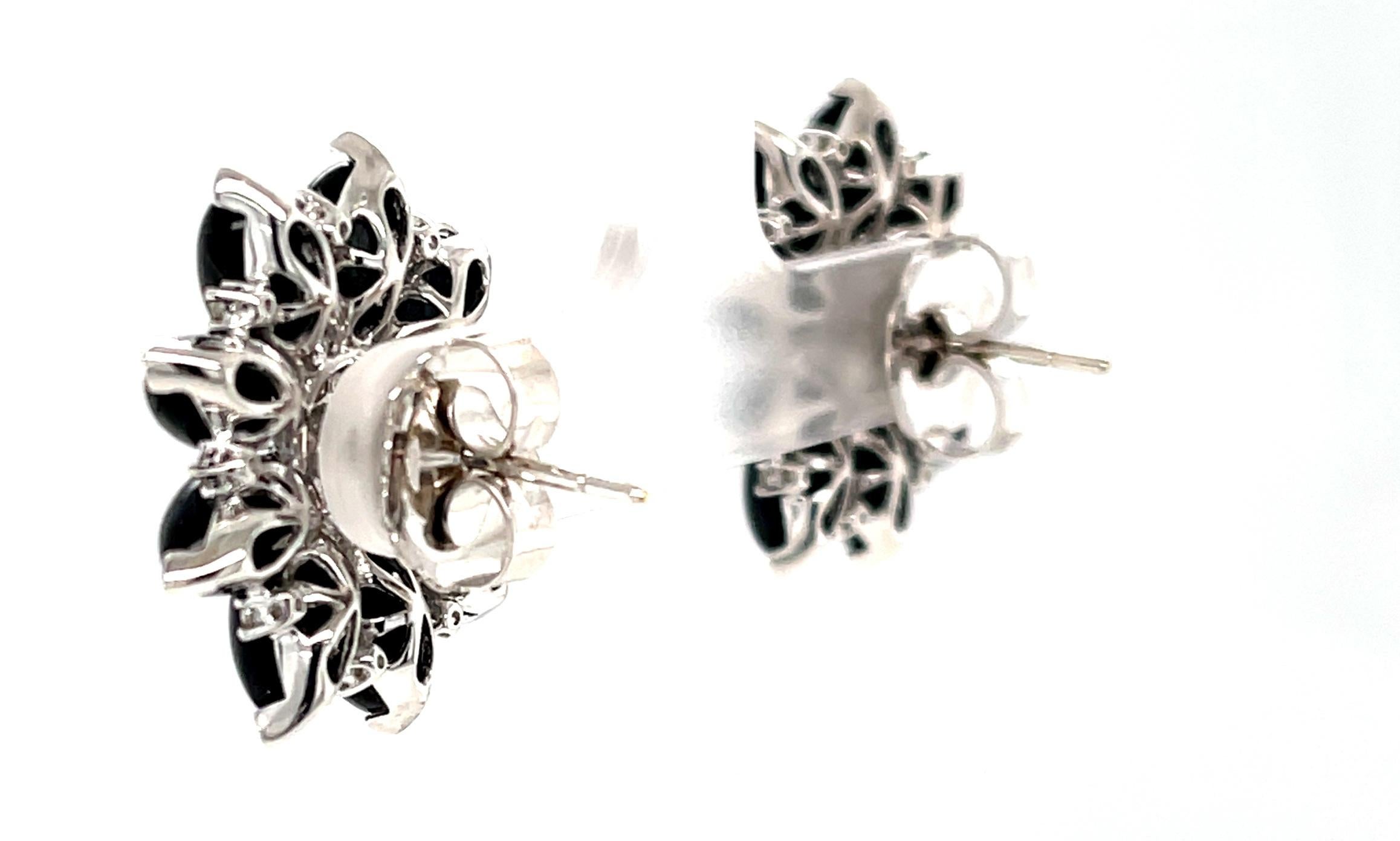 Artisan Diamond and Onyx Flower Earrings in 18K White Gold, .91 Carat Total