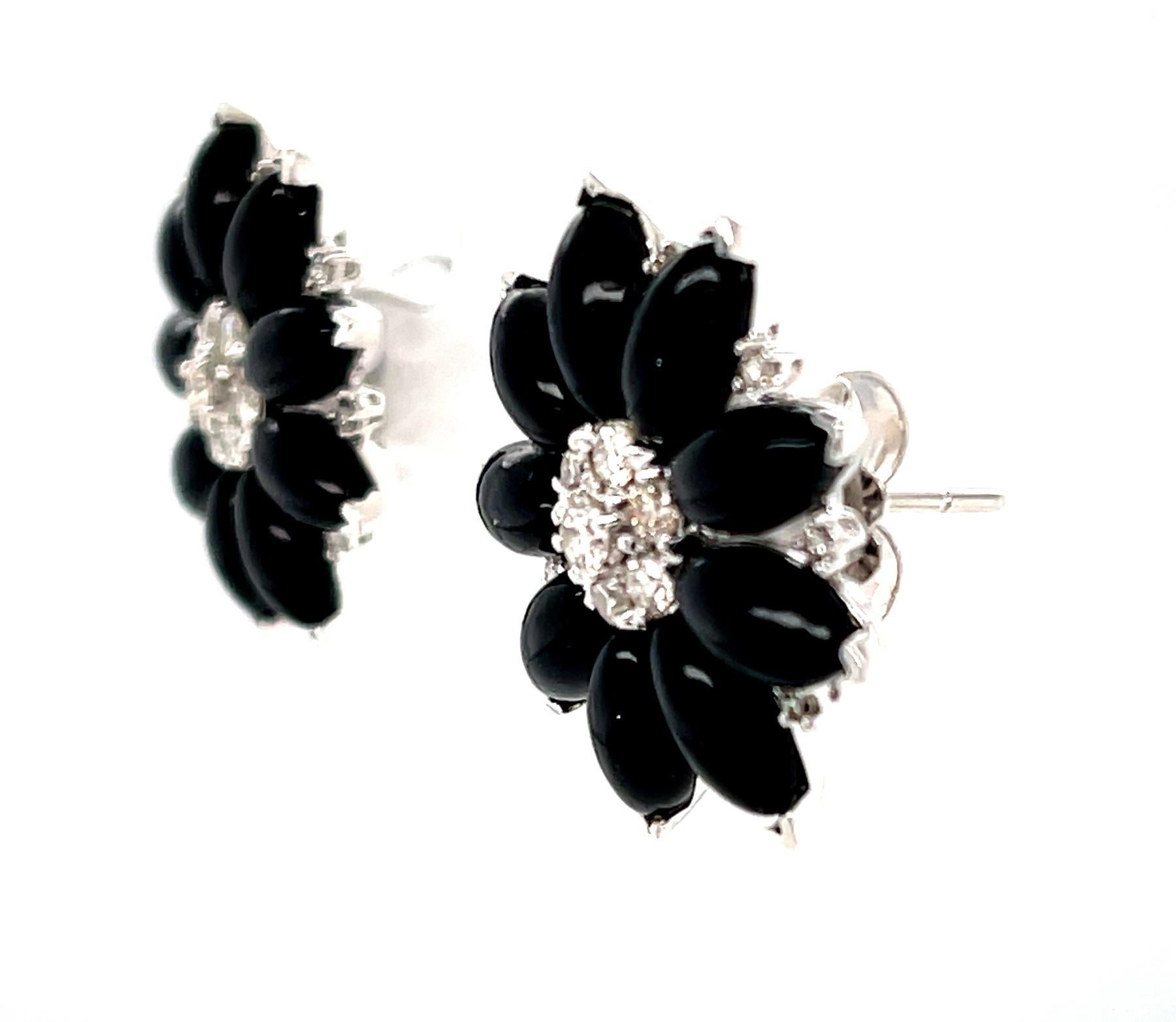 Round Cut Diamond and Onyx Flower Earrings in 18K White Gold, .91 Carat Total