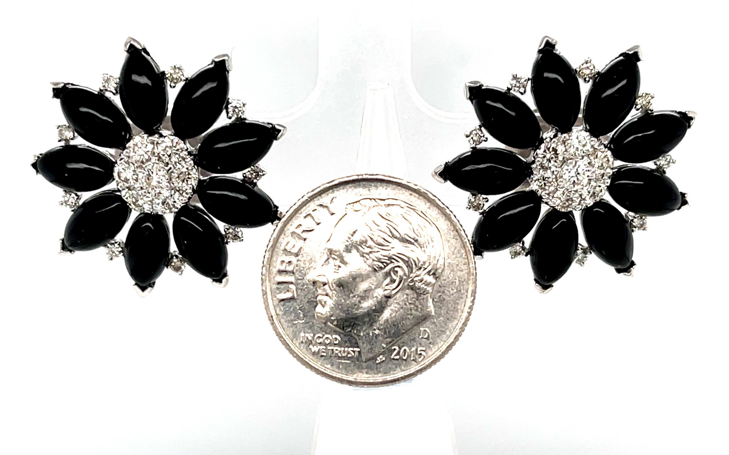 Women's Diamond and Onyx Flower Earrings in 18K White Gold, .91 Carat Total