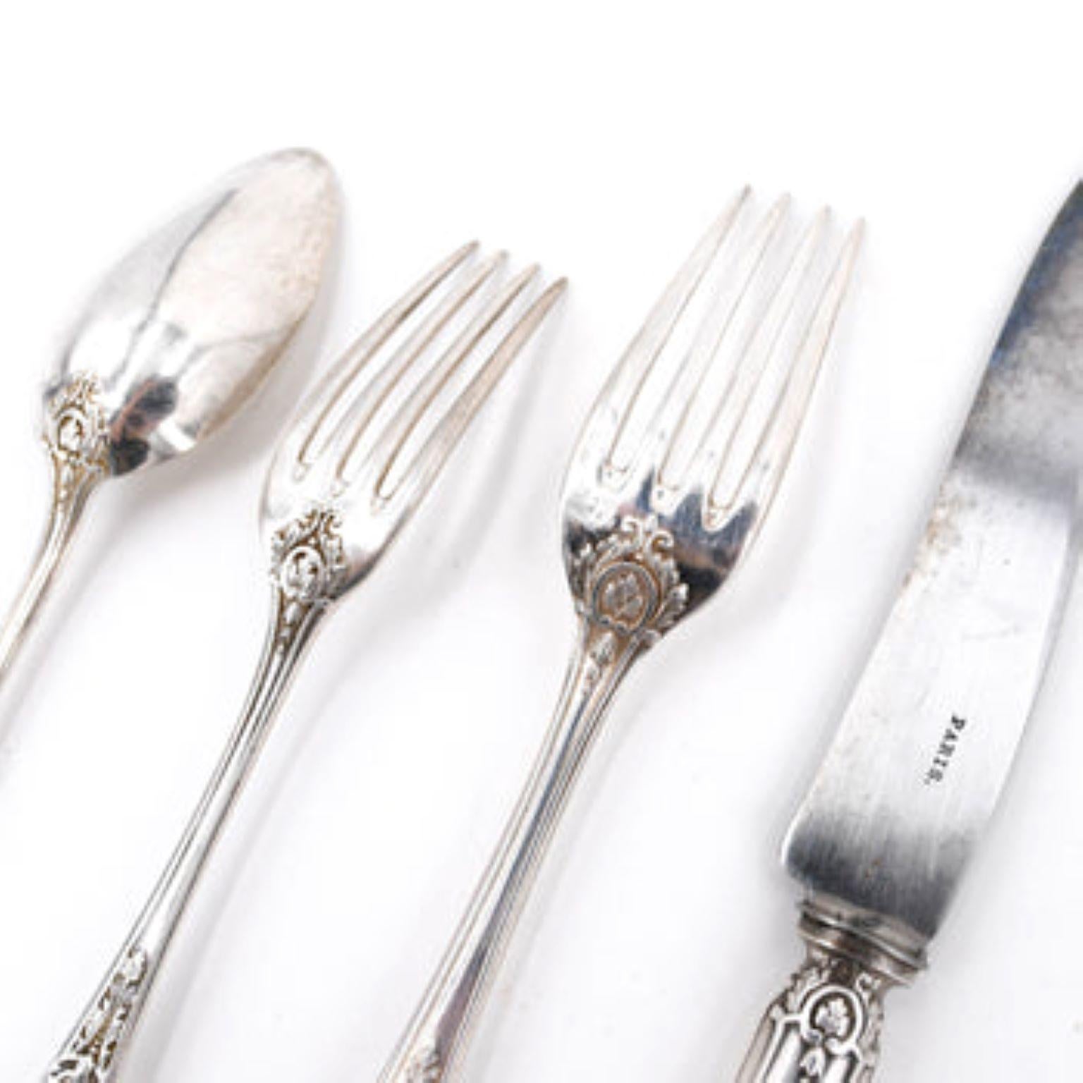 Mid-19th Century 91 Piece Sterling Silver Flatware from Paris For Sale