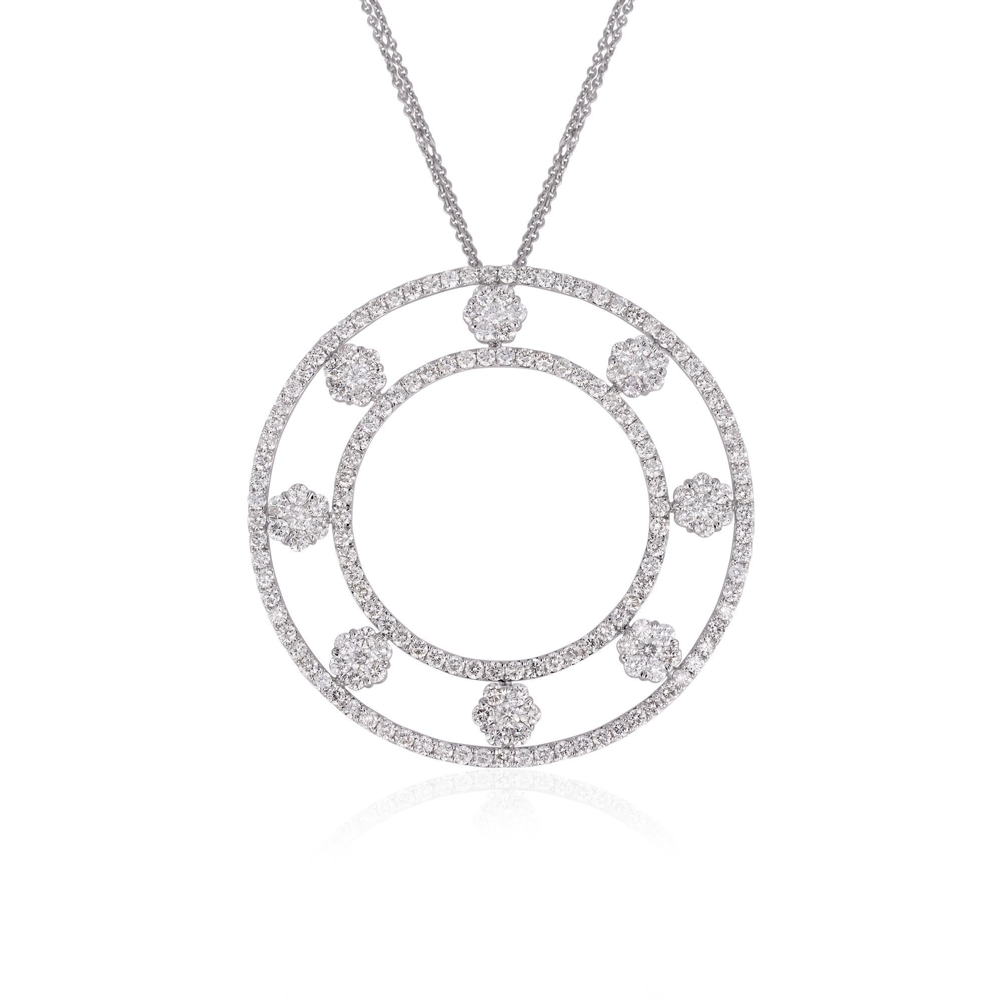Introducing our extraordinary handmade jewelry masterpiece: a 9.10-carat diamond circle pendant necklace, meticulously crafted in 18-karat white gold.

Item Code :- CN-24532
Gross Wt. :- 17.45 gm
18k White Gold Wt. :- 15.63 gm
Natural Diamond Wt. :-