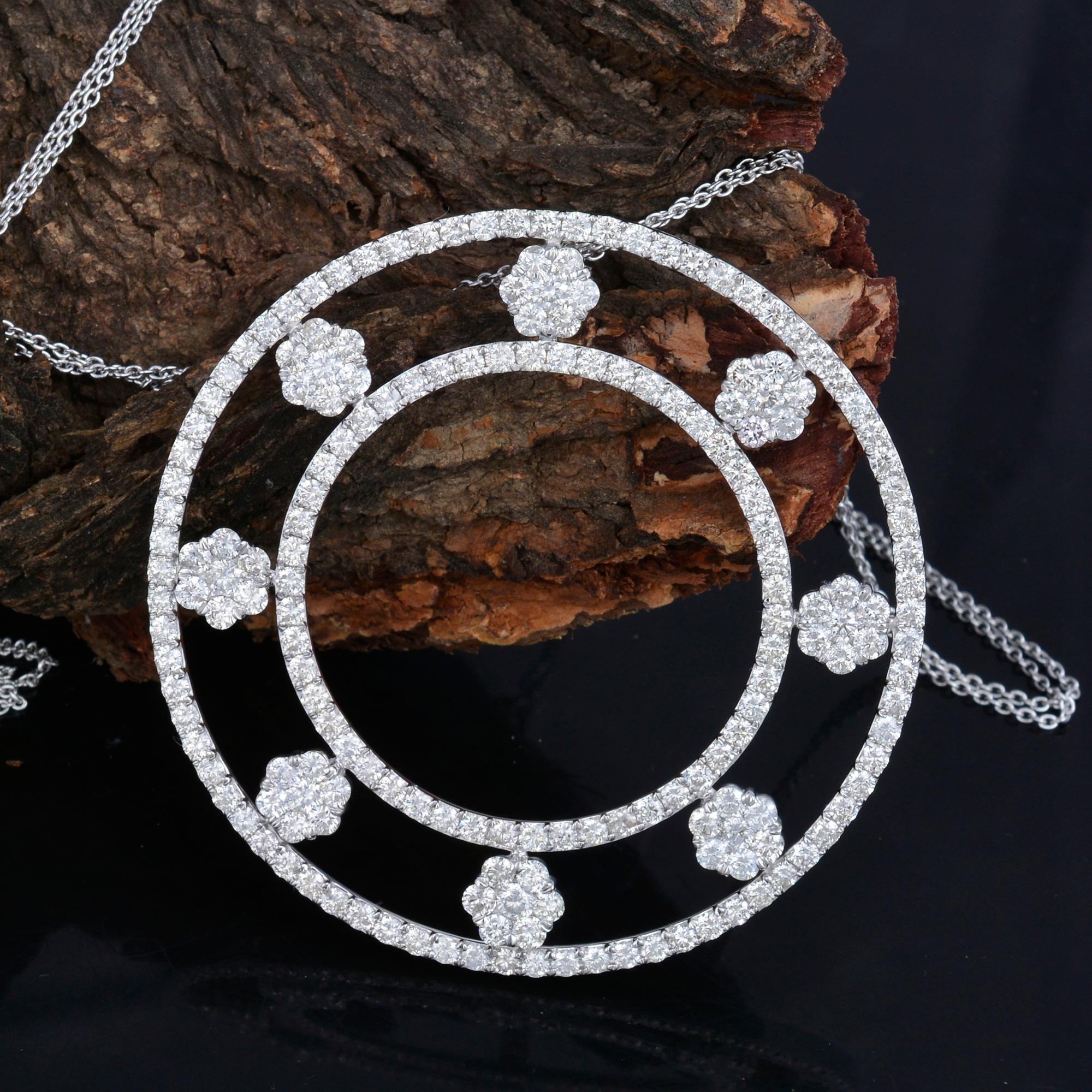 Modern 9.10 Carat Diamond Circle Pendant 18 Karat White Gold Necklace Handmade Jewelry For Sale