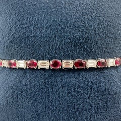 9.10 Carat Oval Ruby and Emerald-Cut Diamond Tennis Bracelet in 14K White Gold