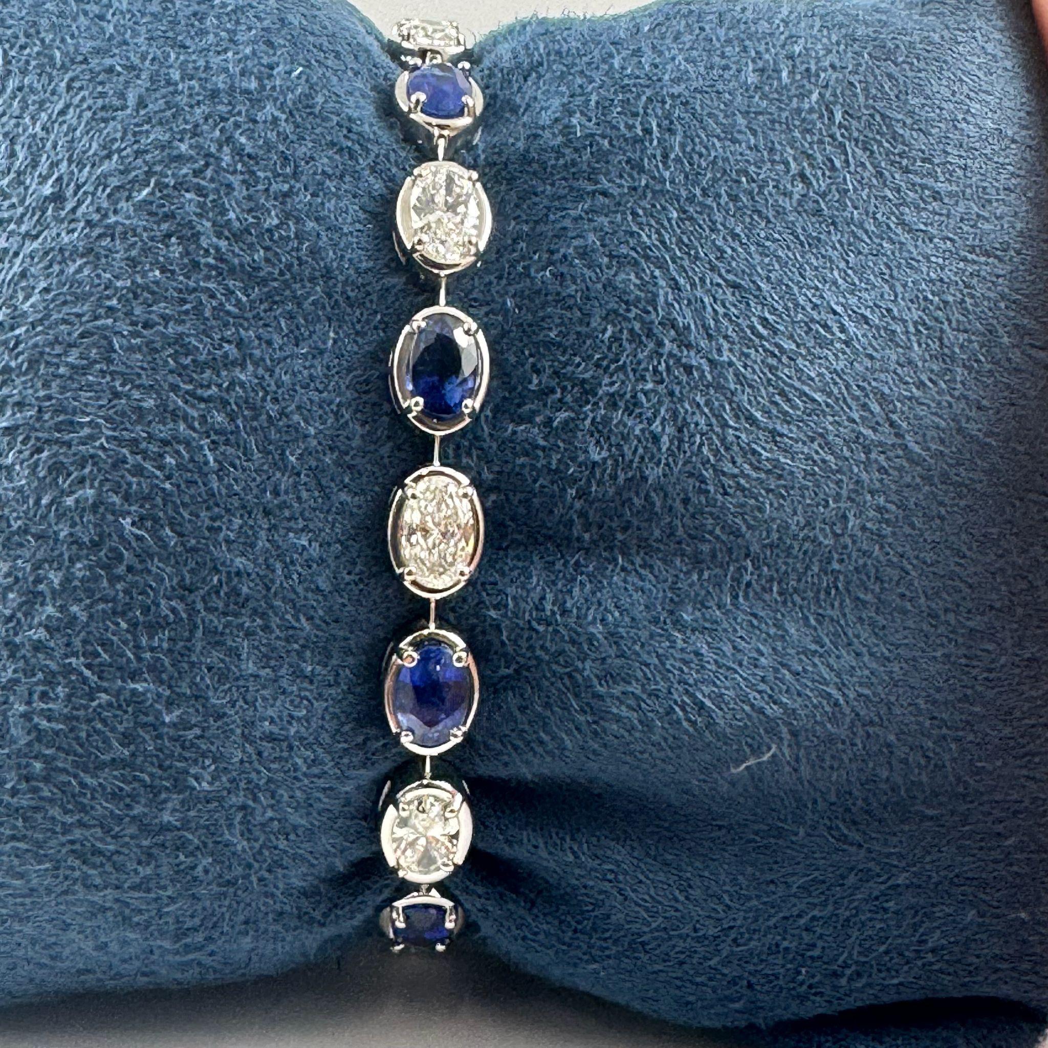 Pulsera de tenis de zafiro ovalado y diamantes de 9,10 quilates en oro blanco de 14 quilates, 7 pulgadas en venta 4