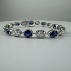 9.10 Carat Oval Sapphire and Diamond Tennis Bracelet in 14K White Gold, 7 Inches
