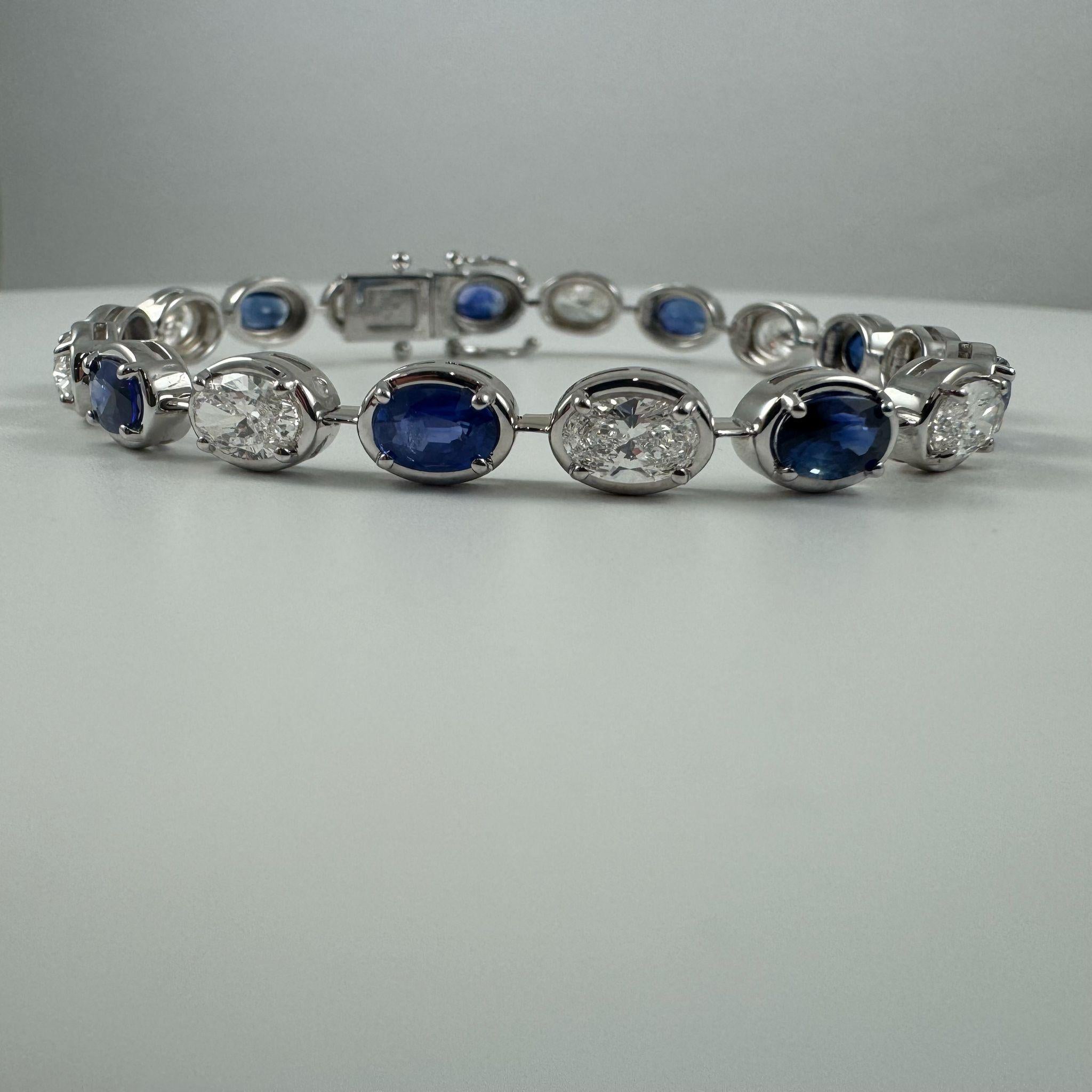 Pulsera de tenis de zafiro ovalado y diamantes de 9,10 quilates en oro blanco de 14 quilates, 7 pulgadas Contemporáneo en venta