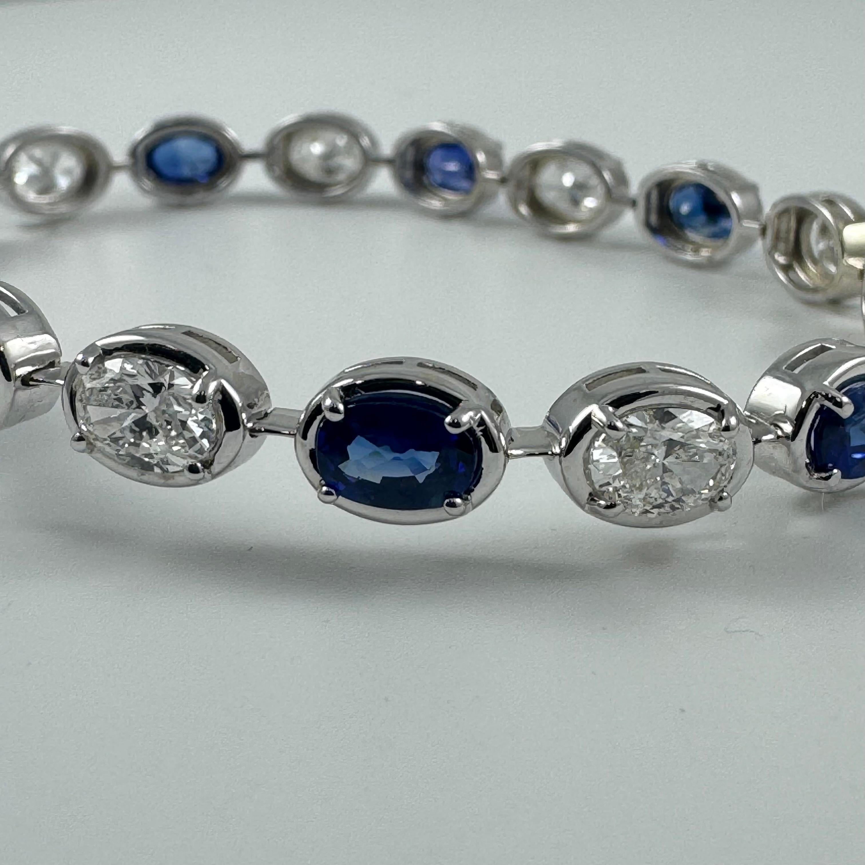 Pulsera de tenis de zafiro ovalado y diamantes de 9,10 quilates en oro blanco de 14 quilates, 7 pulgadas Corte oval en venta