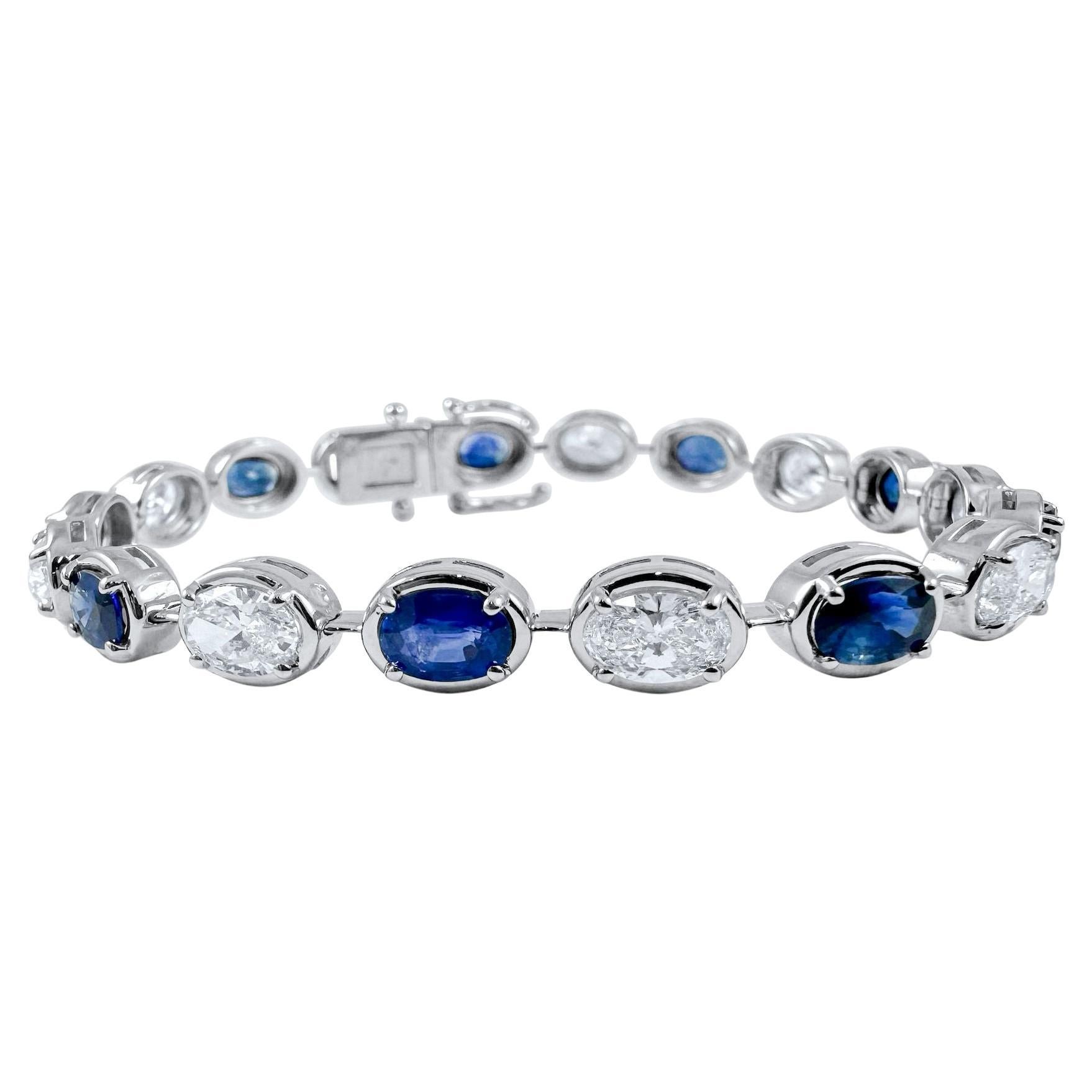 Pulsera de tenis de zafiro ovalado y diamantes de 9,10 quilates en oro blanco de 14 quilates, 7 pulgadas