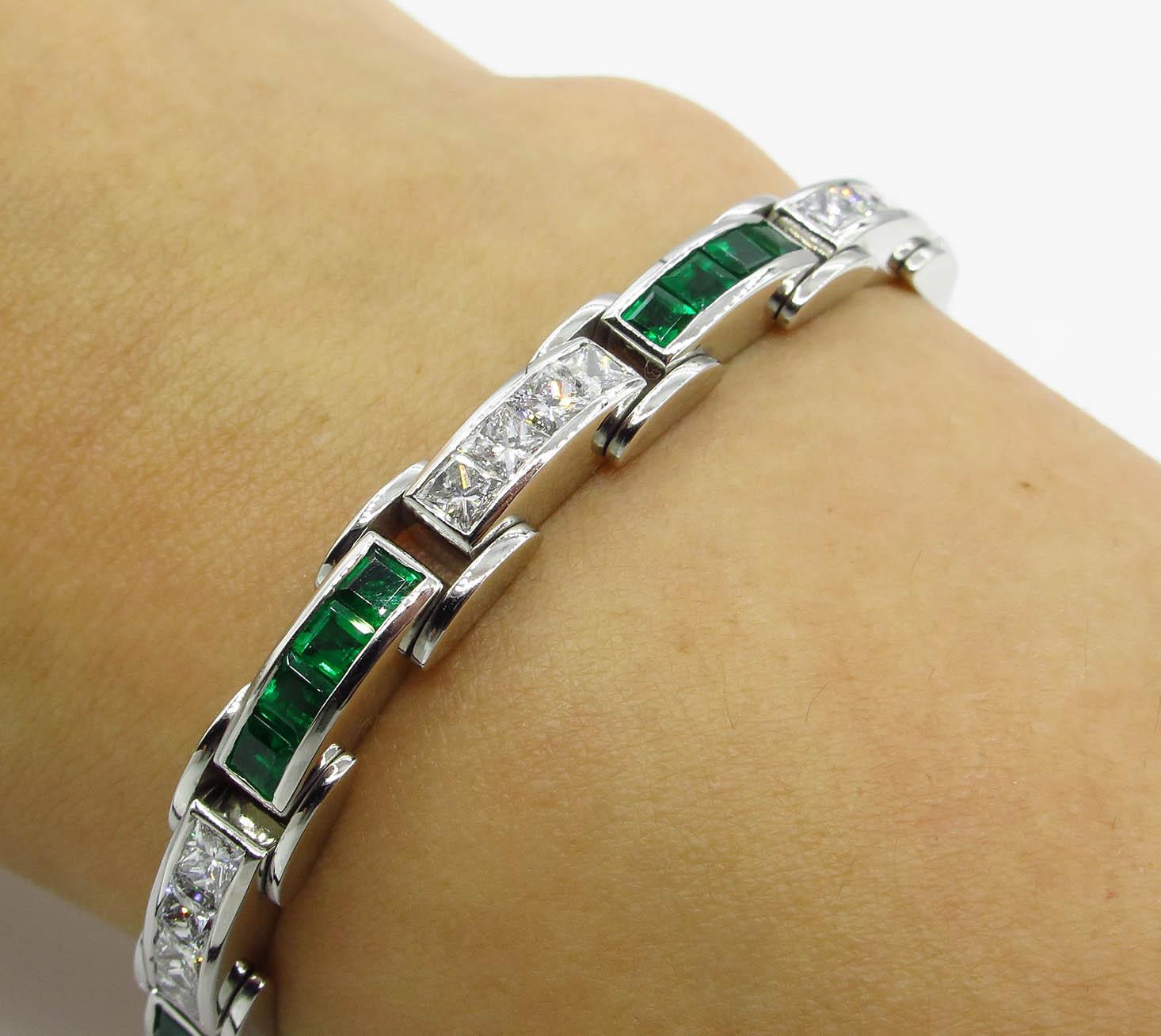 9.10 Carat Princess Diamond Green Emerald Tennis Channel Set Bracelet 1