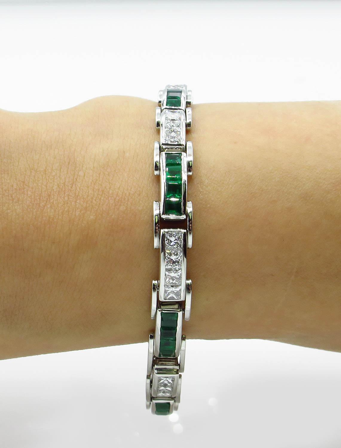 9.10 Carat Princess Diamond Green Emerald Tennis Channel Set Bracelet 2